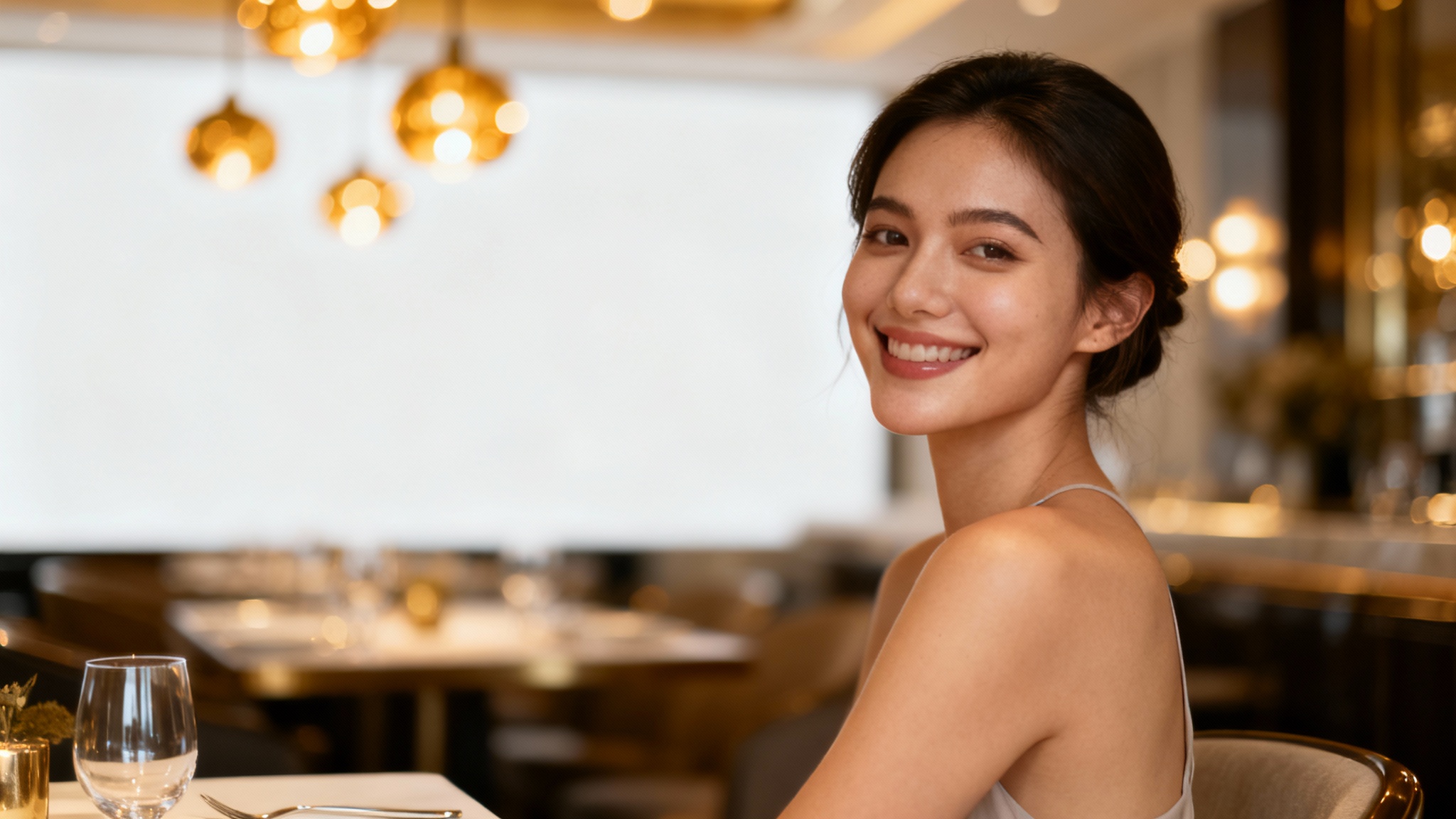 A professional portrait of a smiling woman sitting in a stylish, softly lit restaurant with a beautifully blurred background.