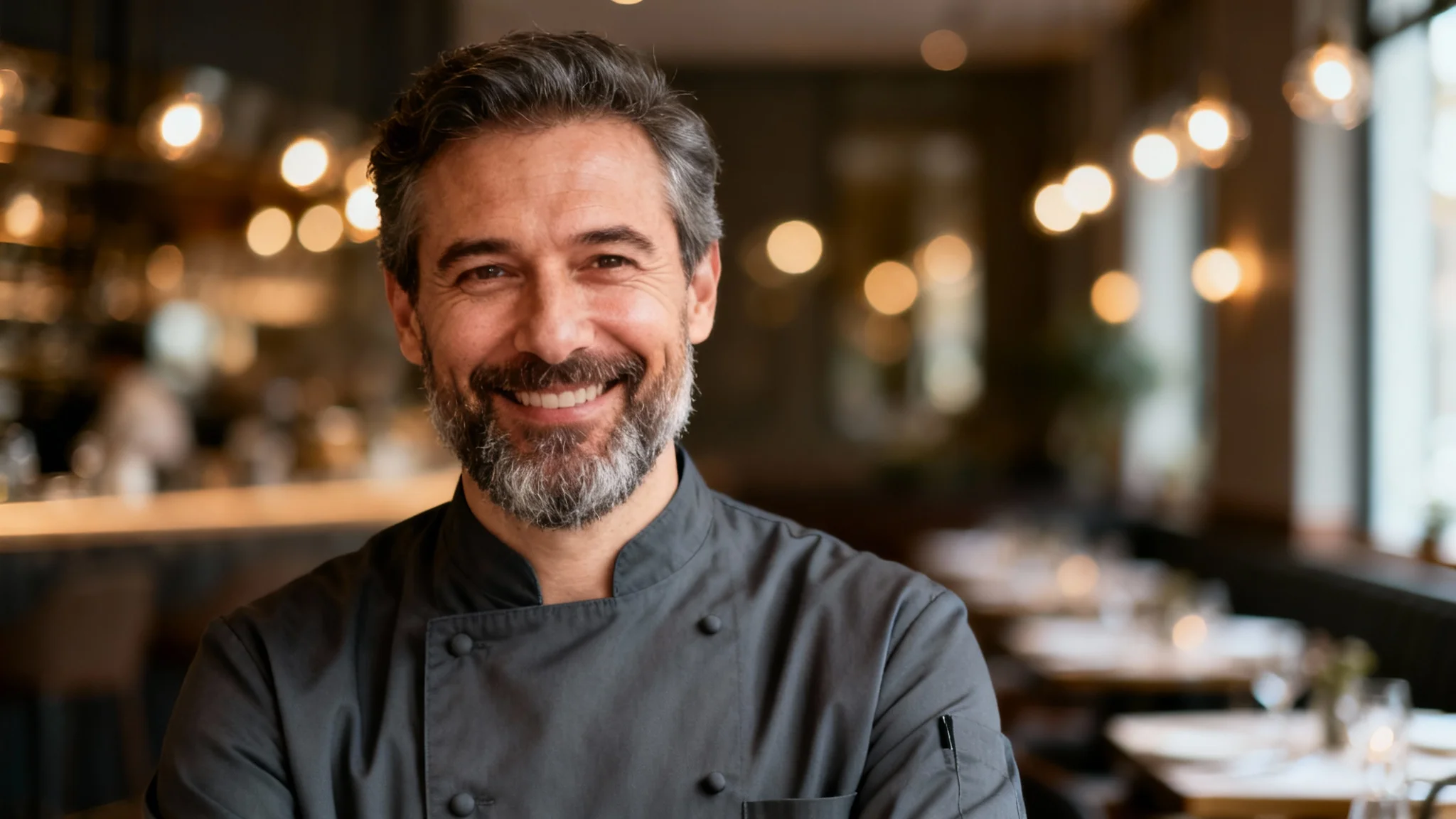 A professional portrait of a smiling male chef in a dark grey jacket, set against the softly blurred background of an elegant restaurant, all isolated on a clean white background.