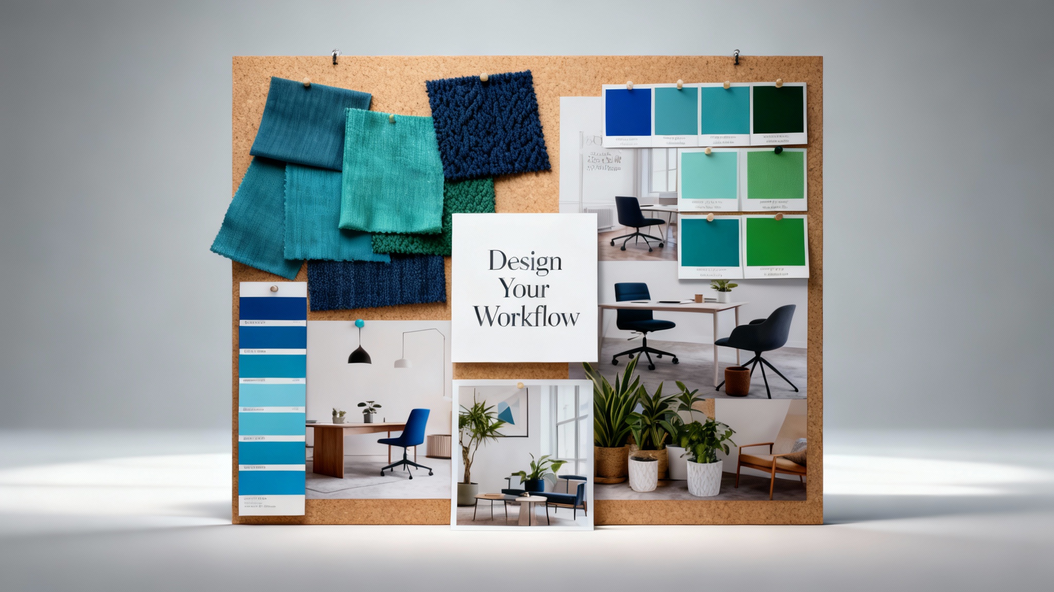 A professionally designed office mood board featuring a color palette of blues and greens, with images of modern furniture, plants, and fabric swatches. A central card reads 'Design Your Workflow', showcasing a polished final design concept for a modern office.