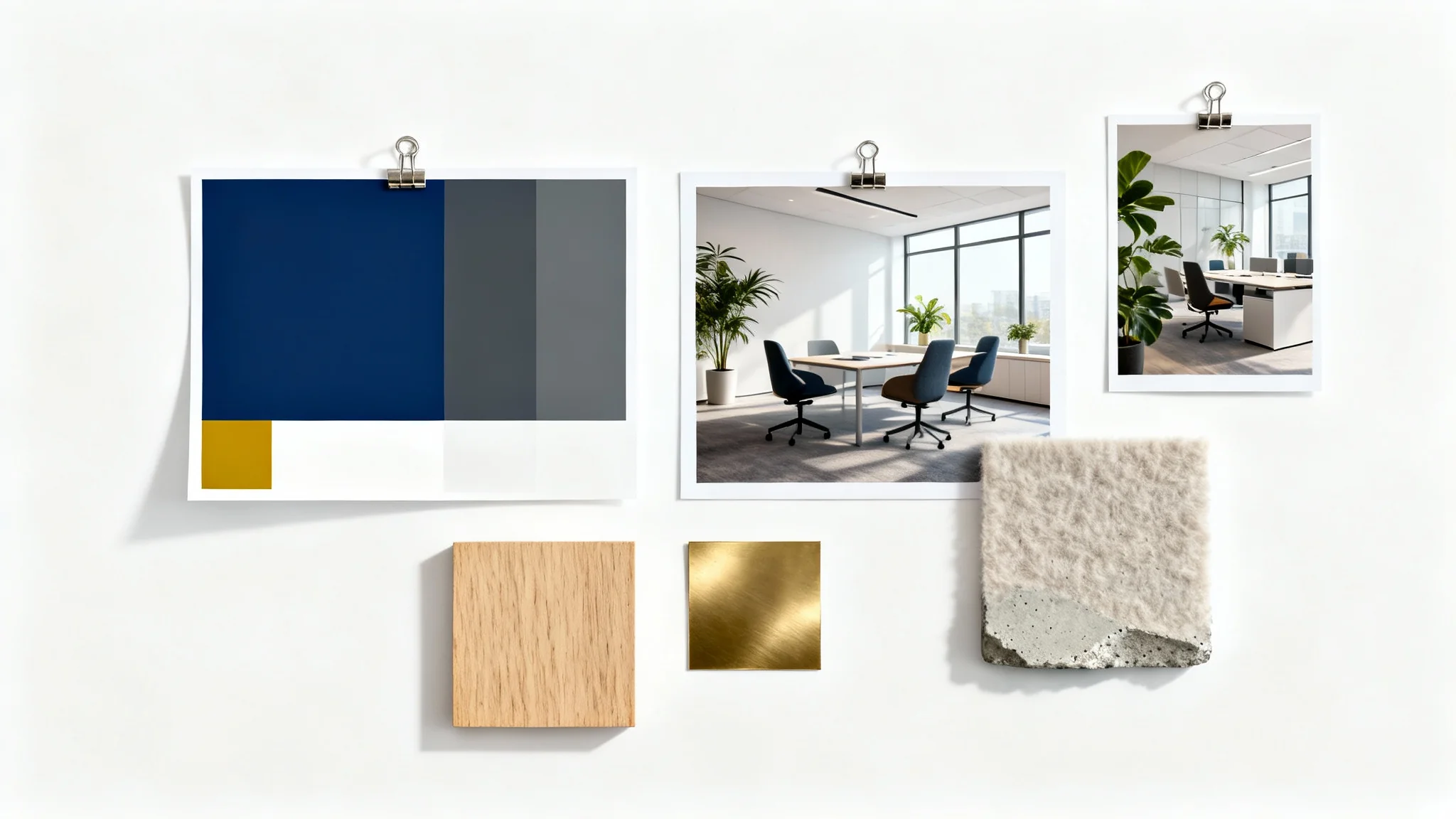 A professionally arranged mood board for a modern office design, laid flat on a white background. It includes color swatches, material samples like wood and brass, and inspirational photos of minimalist office interiors.