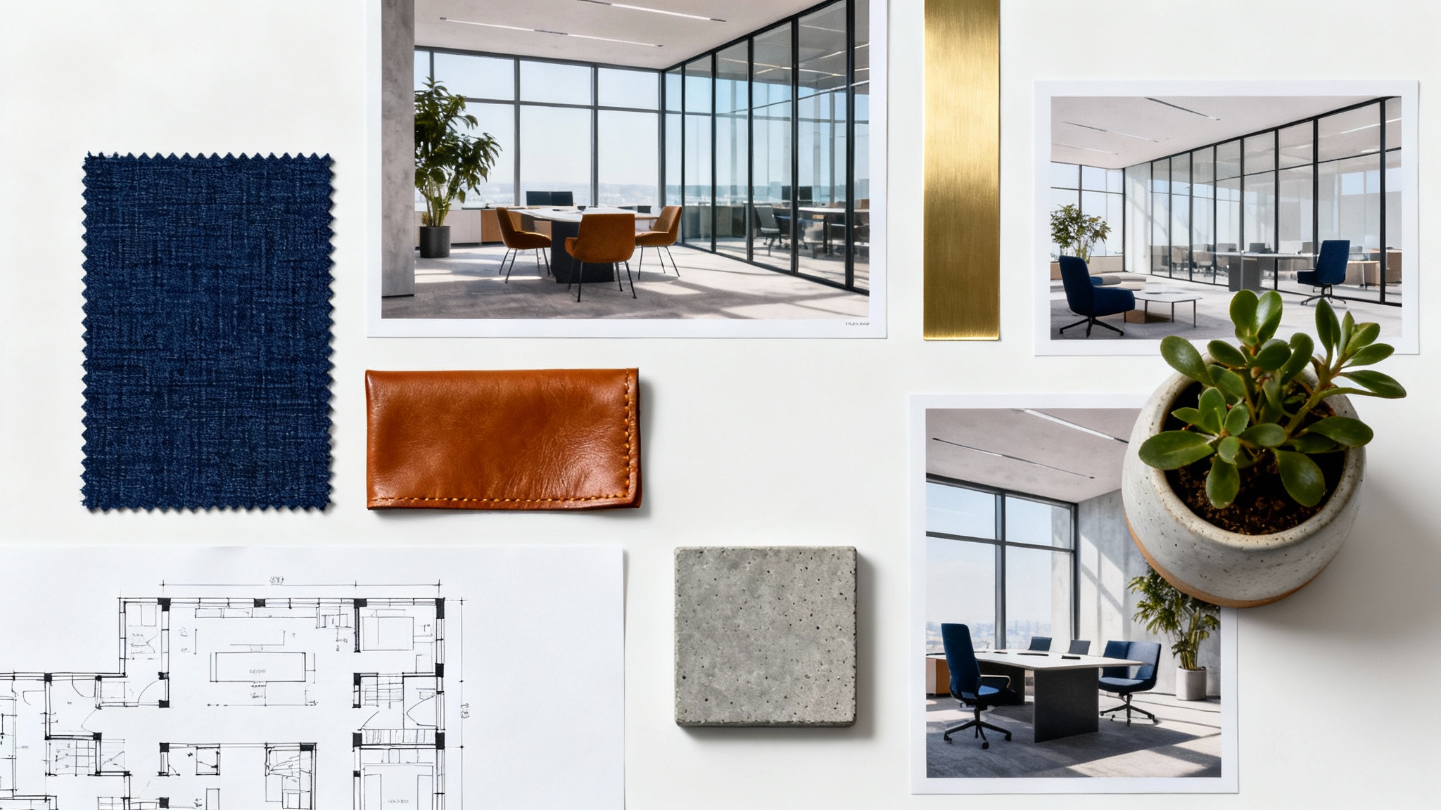 A flat lay image of a modern office mood board on a white background, featuring navy blue and cognac color swatches, metal and concrete samples, and photos of contemporary office interiors.