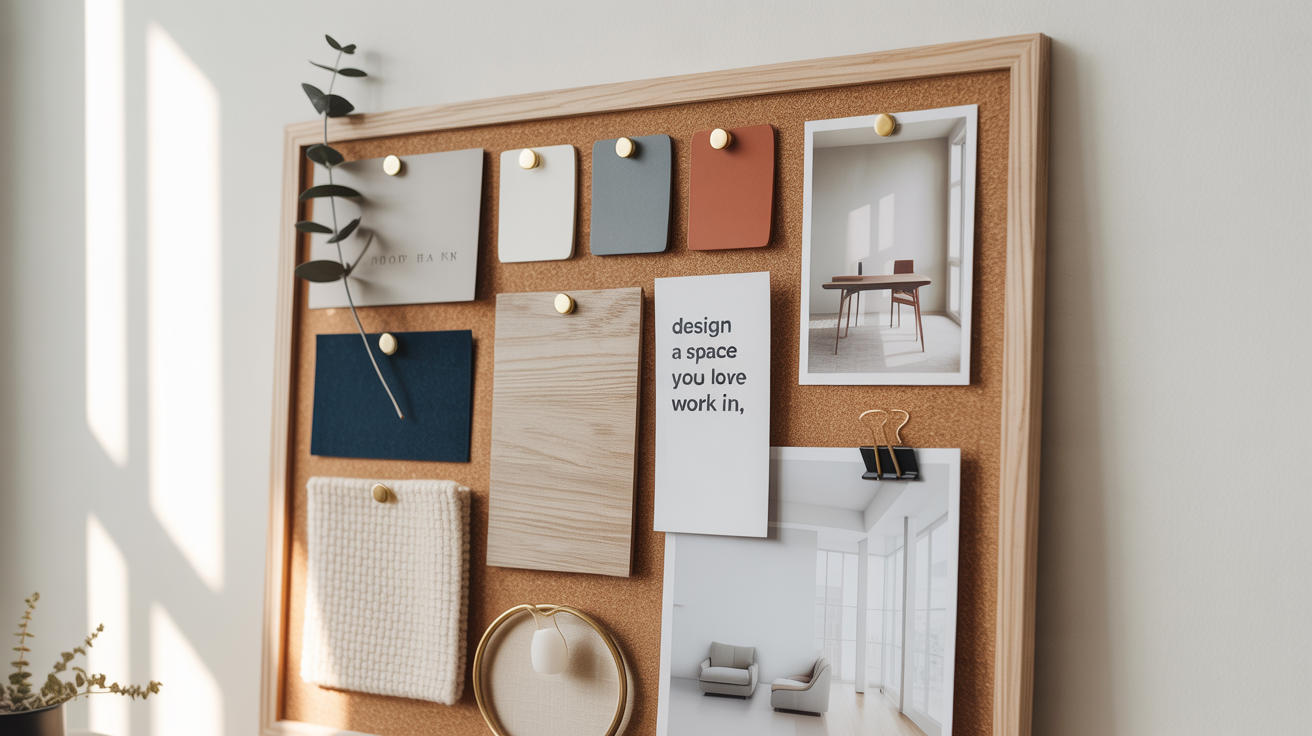 A top-down view of a modern office mood board on a white background, featuring color swatches, fabric and wood samples, and an inspirational card that says 'Design a space you love to work in'.