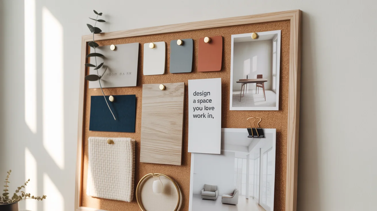 A top-down view of a modern office mood board on a white background, featuring color swatches, fabric and wood samples, and an inspirational card that says 'Design a space you love to work in'.