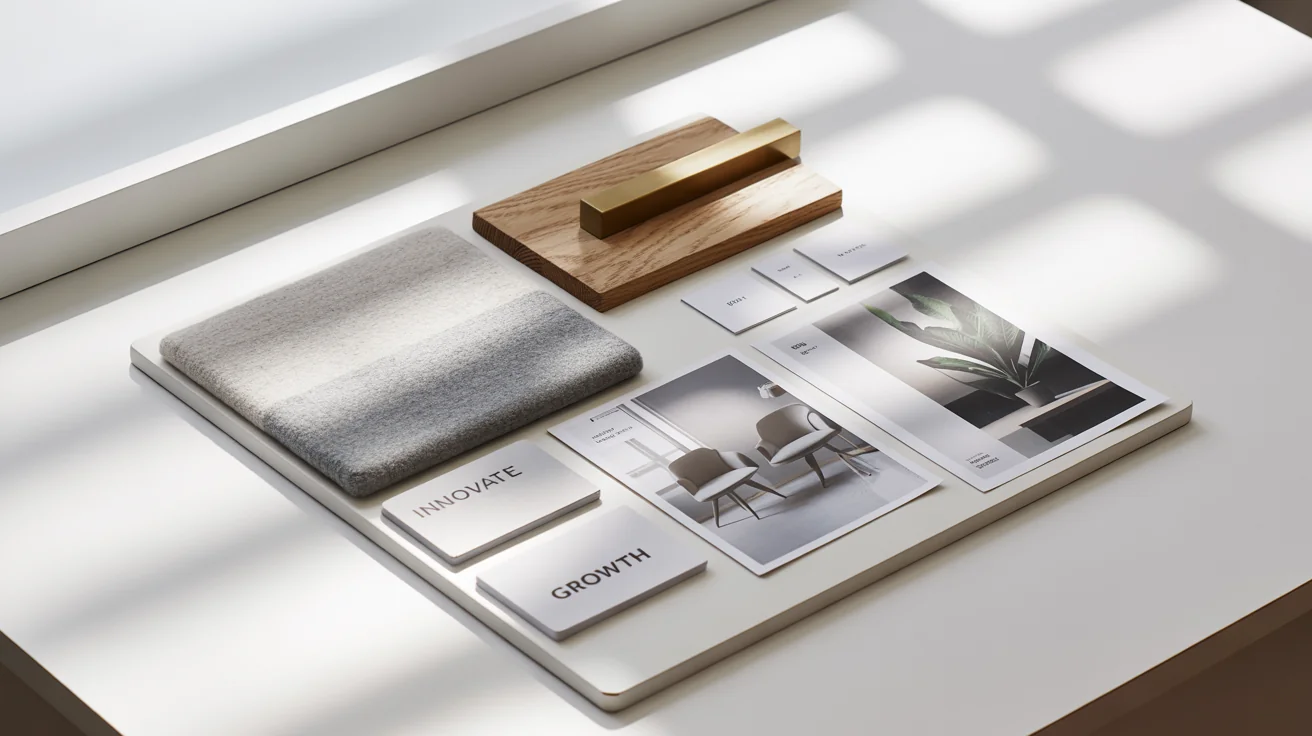 A professionally arranged mood board for a modern office interior, showcasing fabric and wood samples, photos of minimalist furniture, and inspirational words like 'Innovate' and 'Focus', all on a clean white background.