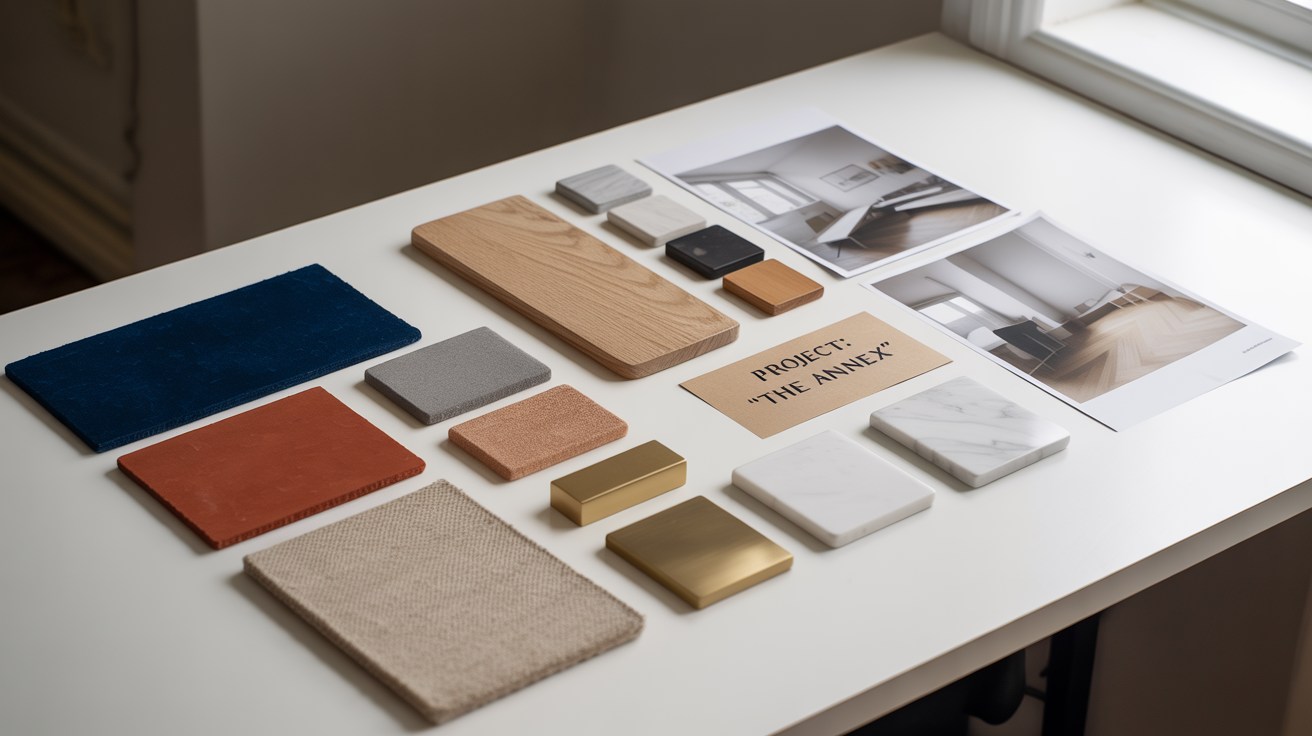 A professionally arranged office mood board on a white background, showcasing a palette of navy and terracotta, material samples like oak and brass, and inspirational photos of modern office designs.