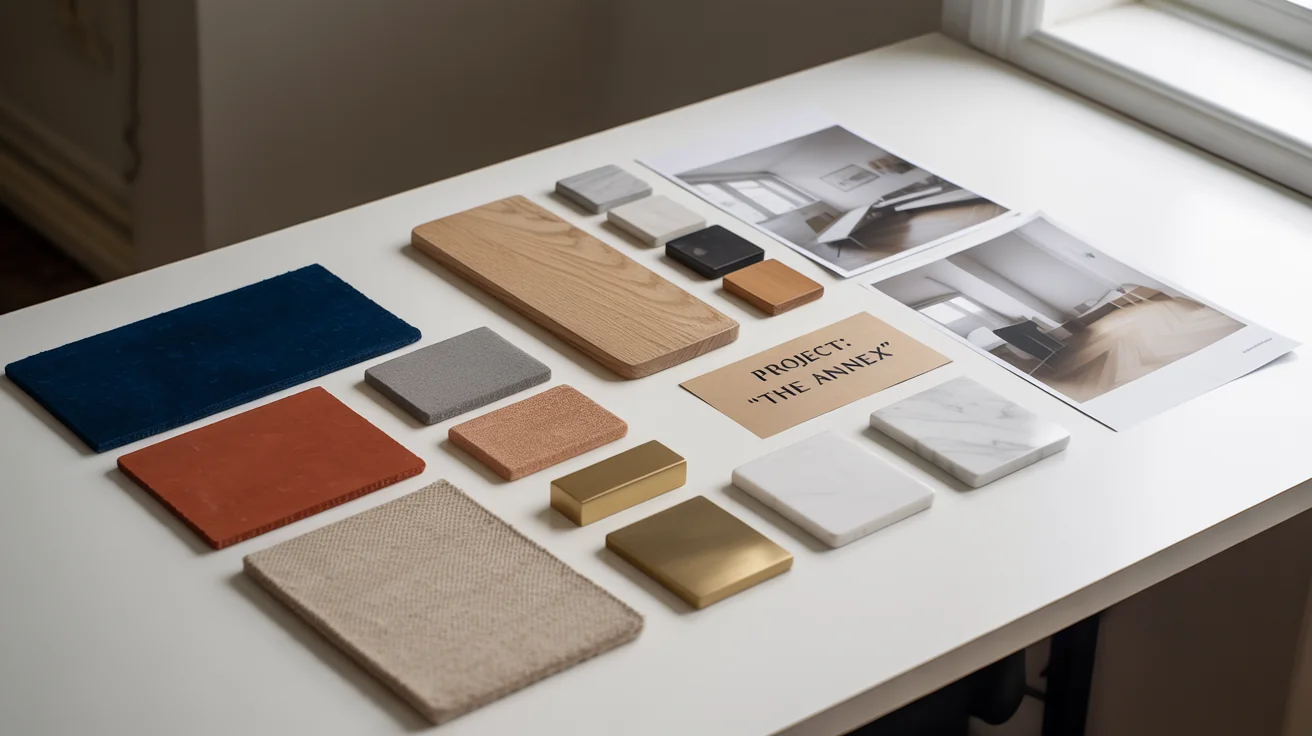 A professionally arranged office mood board on a white background, showcasing a palette of navy and terracotta, material samples like oak and brass, and inspirational photos of modern office designs.