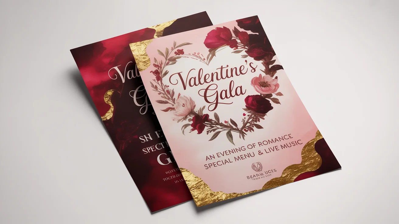 A professionally designed Valentine's Day event flyer with the headline 'Valentine's Gala', presented against a clean white background. The flyer uses a red, pink, and gold color scheme with elegant text and heart illustrations.