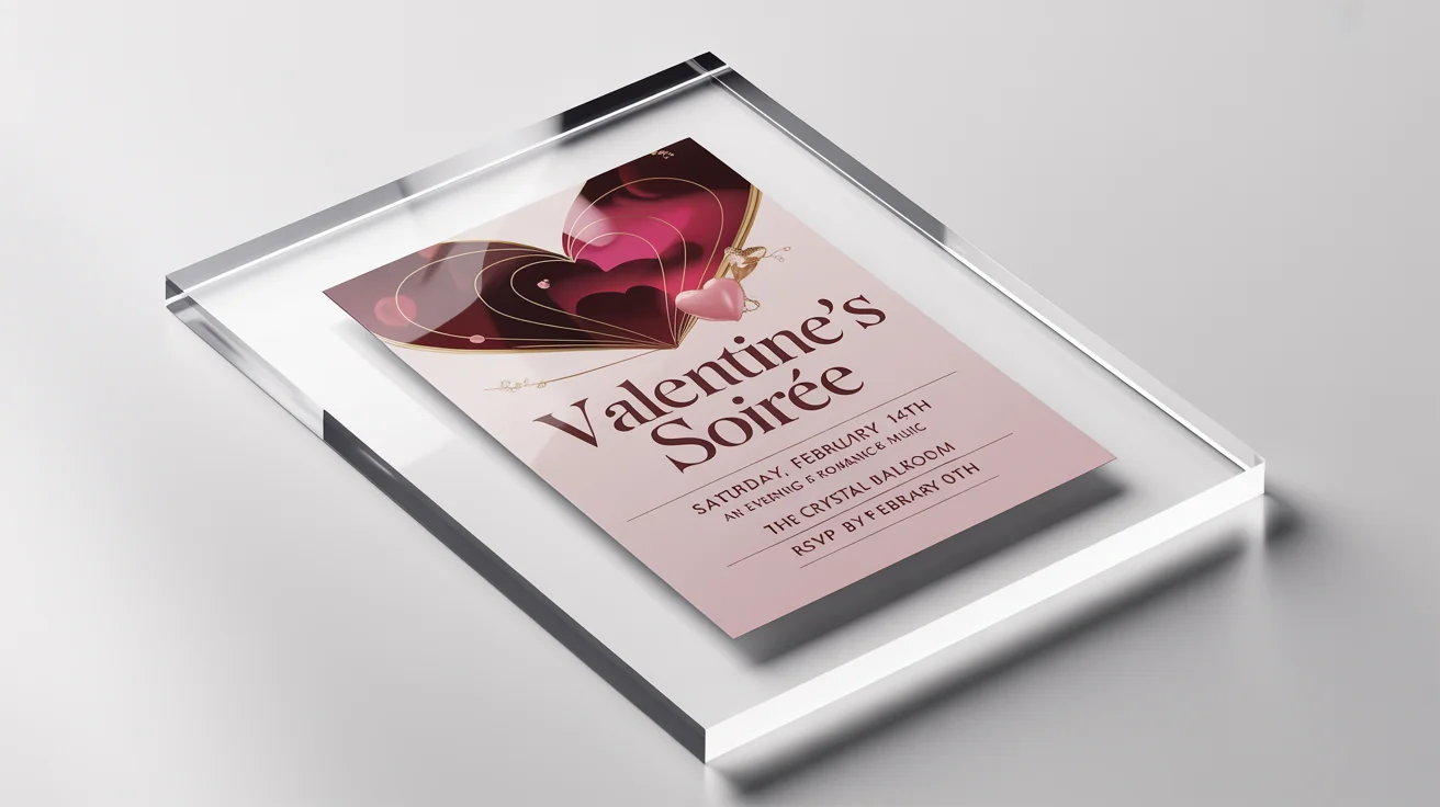 A modern and romantic Valentine's Day event flyer mockup for a 'Valentine's Soirée', featuring a pink, red, and gold color scheme on a clean white background.