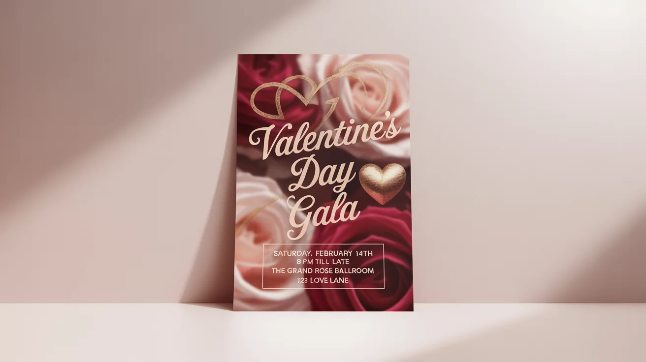 A mockup of an elegant Valentine's Day flyer for a 'Valentine's Day Gala', featuring red, pink, and gold design elements on a white background.