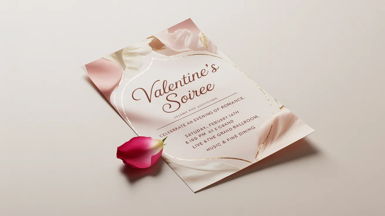 An elegant mockup of a Valentine's Day event flyer titled 'Valentine's Soiree'. The flyer is pink and gold, resting on a clean white surface with a single red rose petal nearby.