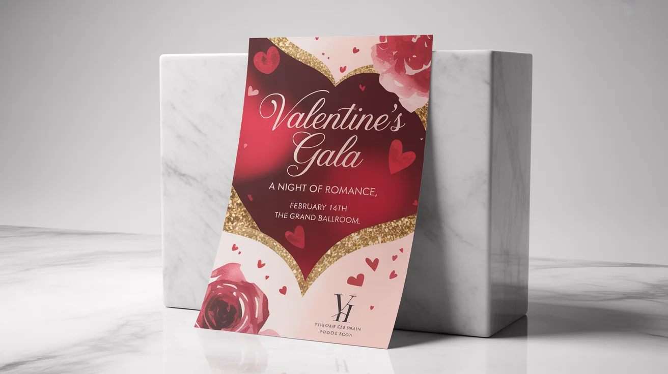 A mockup of a romantic Valentine's Day flyer for a 'Valentine's Gala,' designed with red, pink, and gold elements on a clean white background.