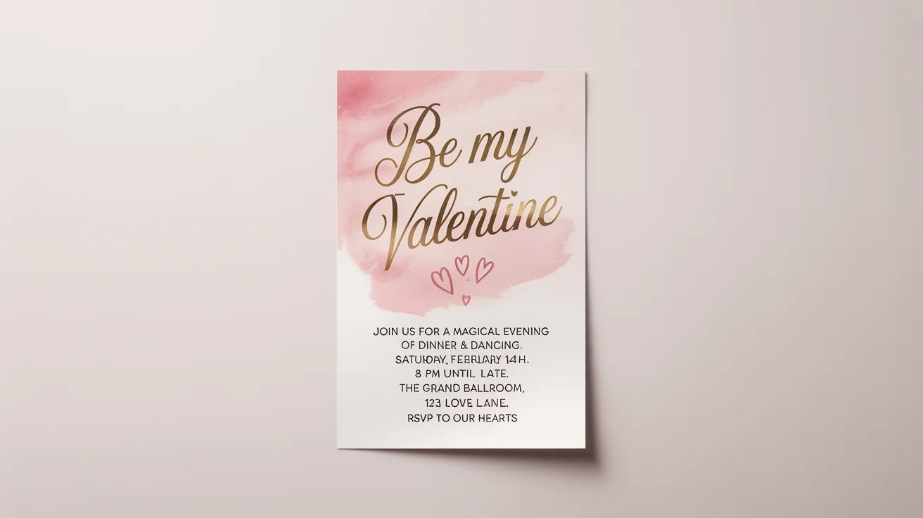 A professional mockup of an elegant Valentine's Day flyer with the text 'Be My Valentine' in gold script, set against a clean white background.