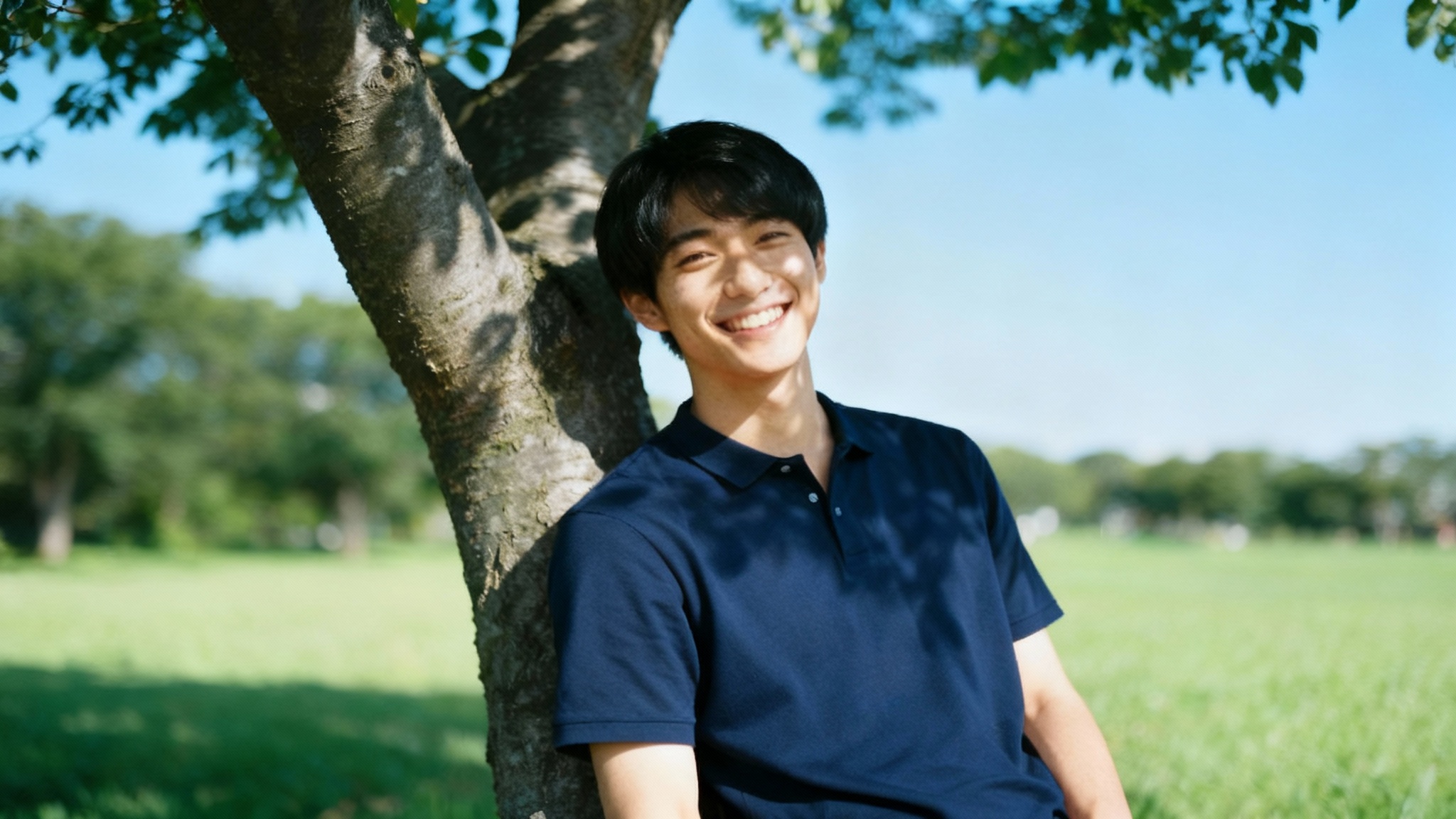 A young man in a park, originally wearing a red t-shirt, now shown wearing a digitally added, perfectly fitted navy blue polo shirt as a demonstration of a design tool.
