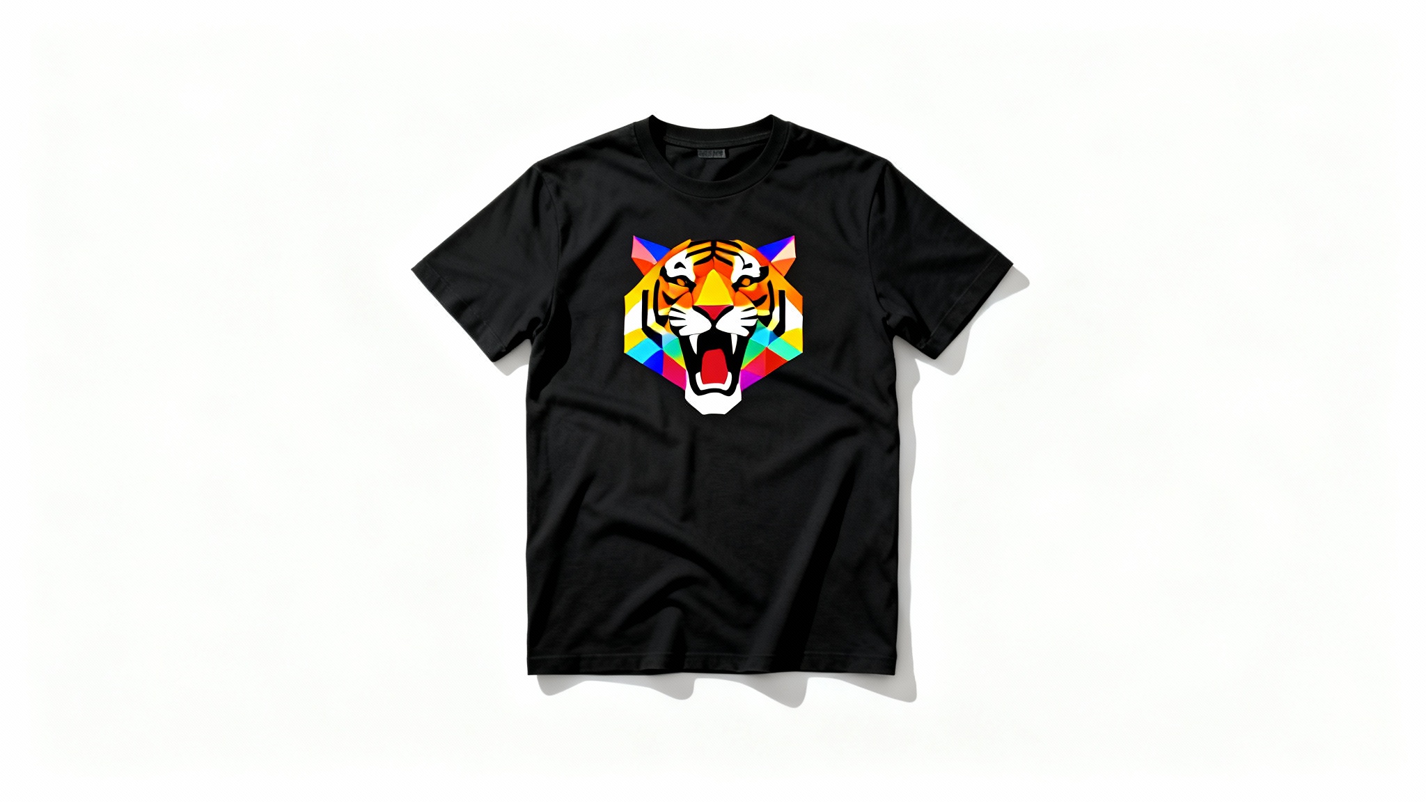 A photorealistic product mockup of a black t-shirt laid flat on a white background, featuring a colorful geometric tiger graphic on the chest.