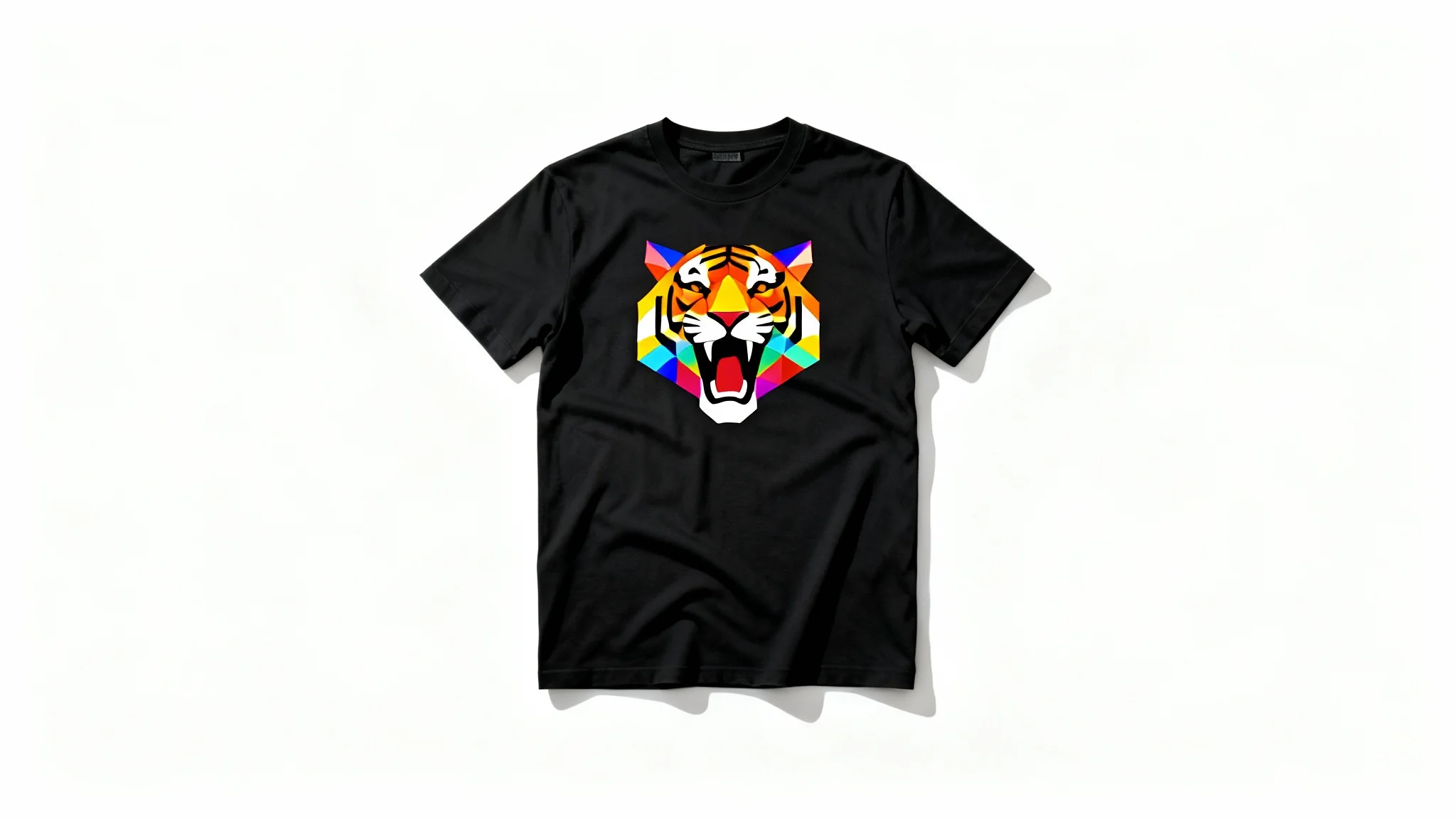 A photorealistic product mockup of a black t-shirt laid flat on a white background, featuring a colorful geometric tiger graphic on the chest.