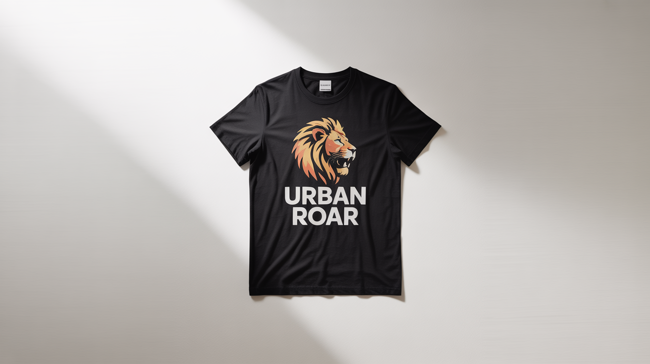 A mockup of a black t-shirt laid flat, featuring a custom design of a golden geometric lion and the text 'URBAN ROAR', showcasing the add shirt feature.