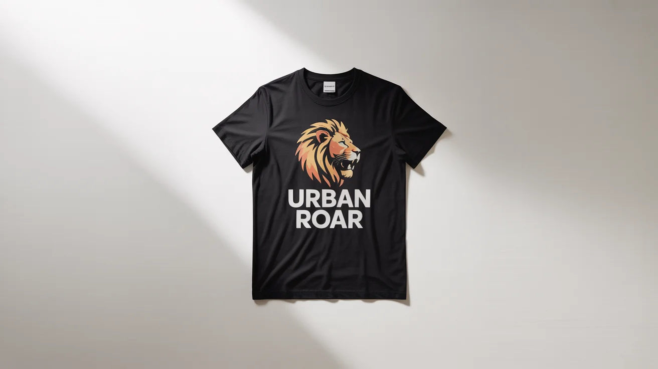 A mockup of a black t-shirt laid flat, featuring a custom design of a golden geometric lion and the text 'URBAN ROAR', showcasing the add shirt feature.