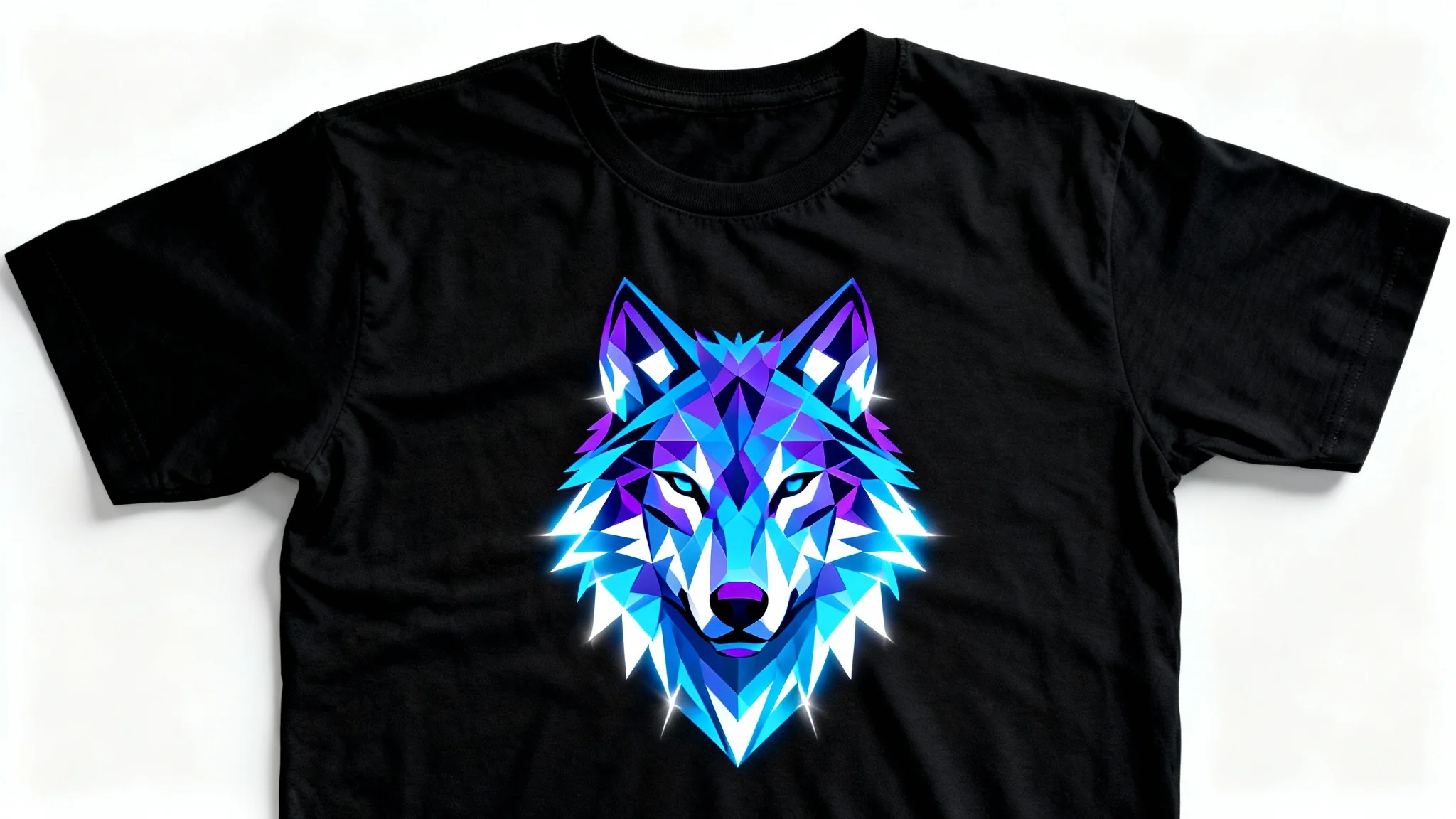 A photorealistic mockup of a black t-shirt laid flat on a white background, featuring a vibrant, geometric graphic of a wolf's head in shades of blue and purple on the chest.