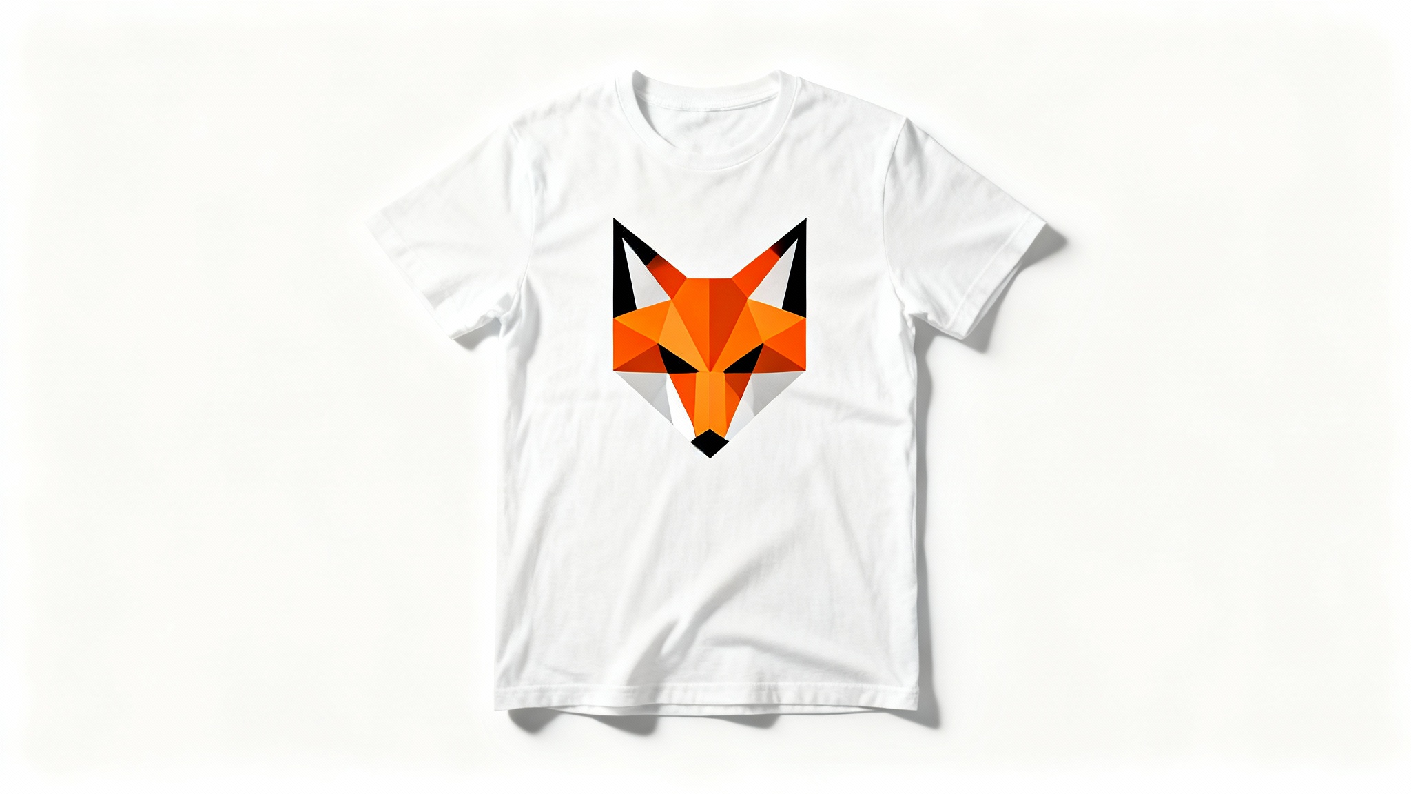 A mockup of a white t-shirt featuring a modern geometric fox graphic, laid flat on a clean white surface.