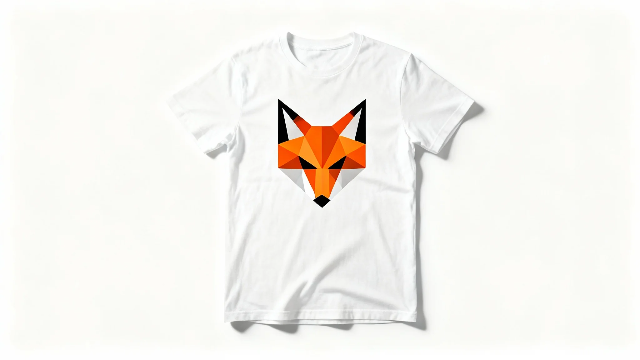 A mockup of a white t-shirt featuring a modern geometric fox graphic, laid flat on a clean white surface.