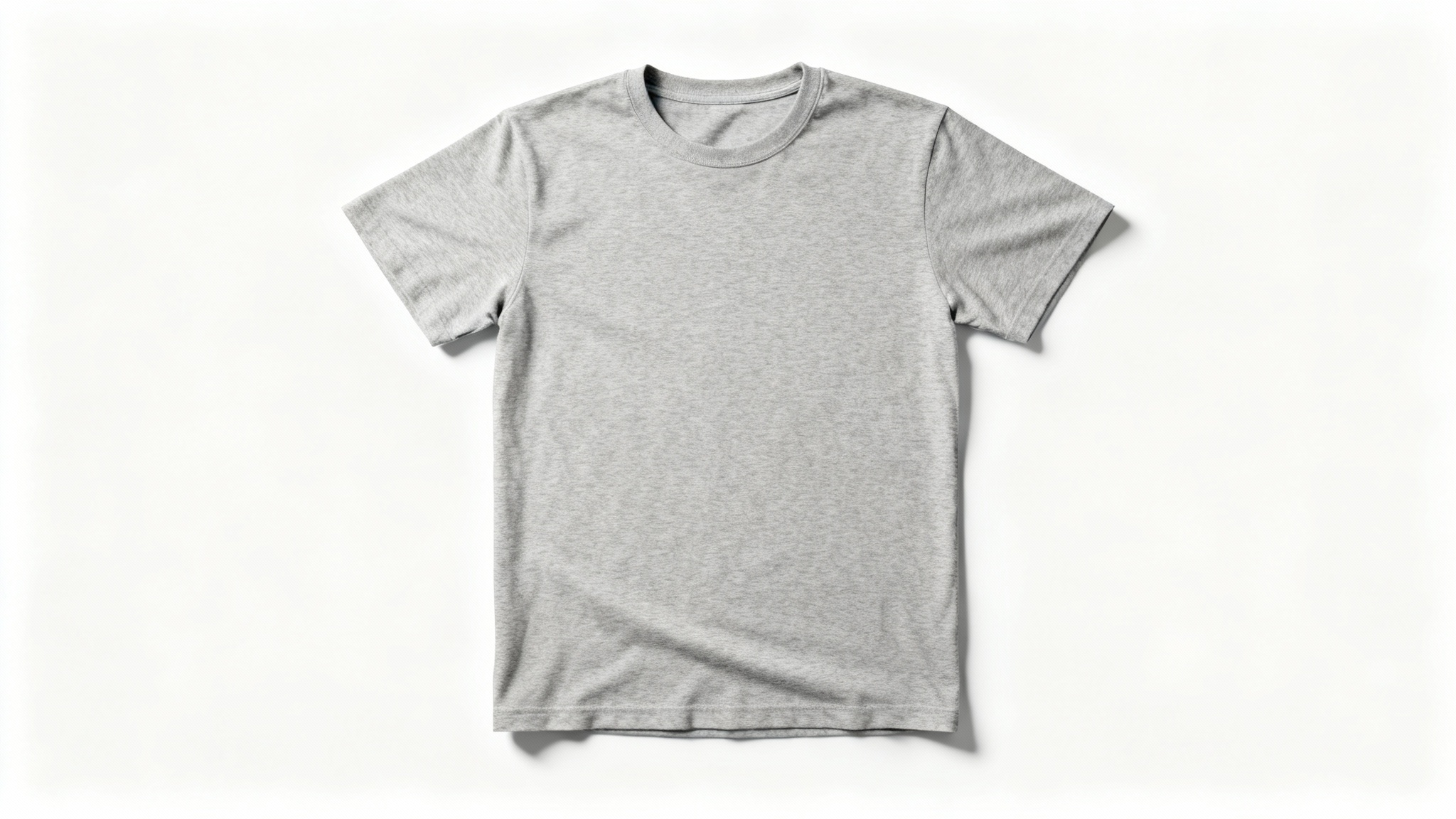 A flat lay photo of a blank heather grey t-shirt on a clean white background, ready for a custom design.