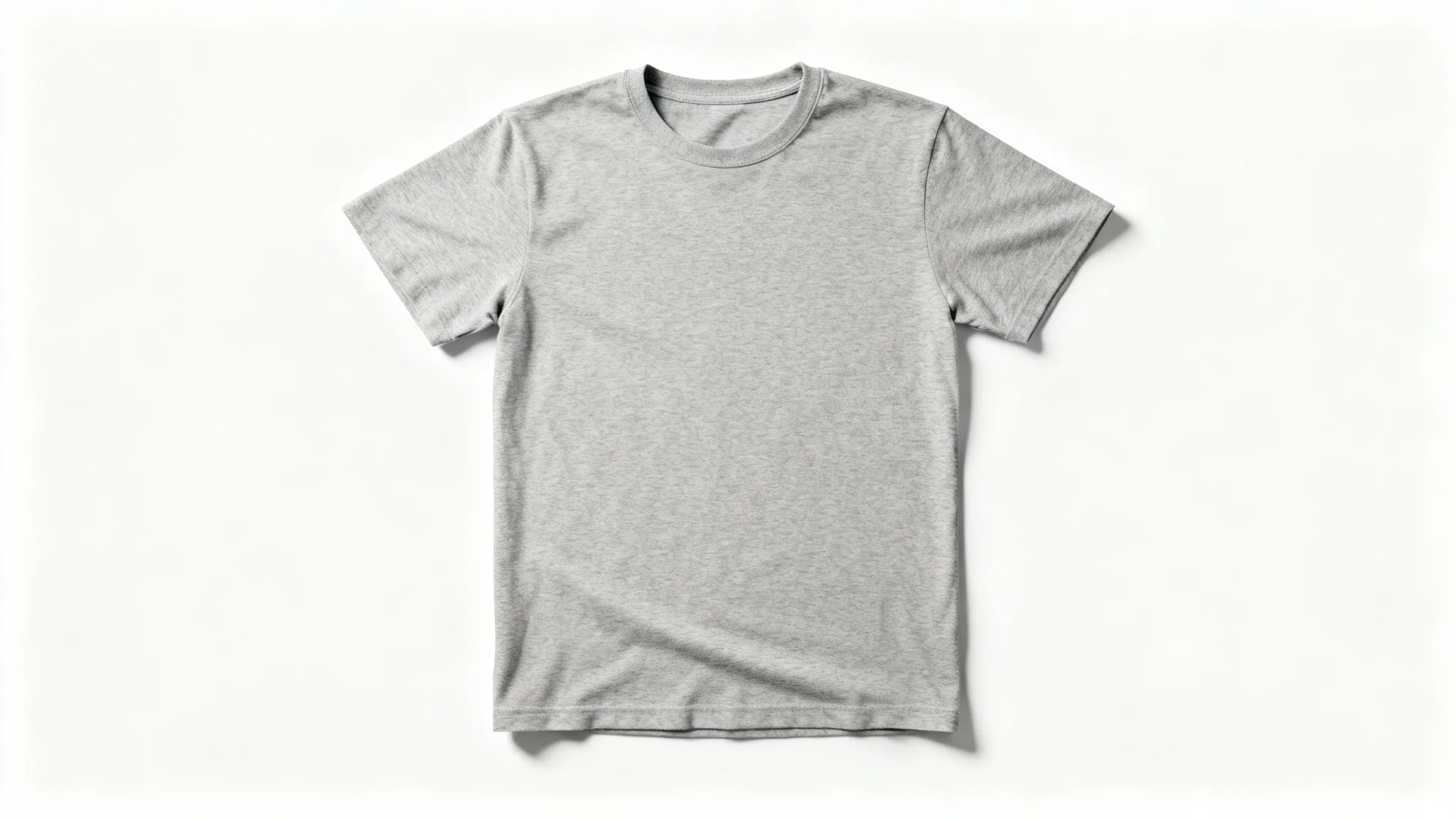 A flat lay photo of a blank heather grey t-shirt on a clean white background, ready for a custom design.