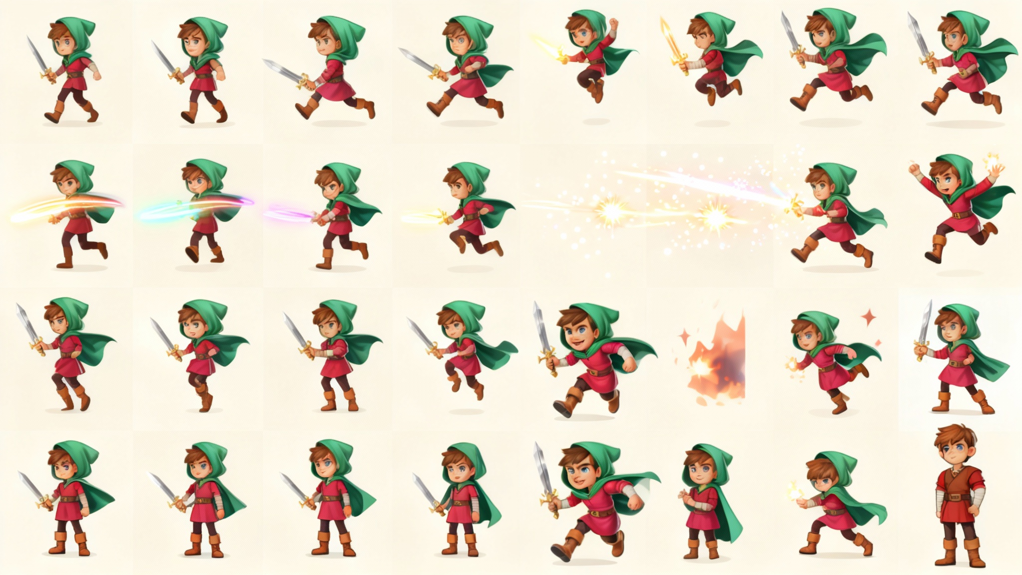 A professional 16:9 spritesheet of a cartoon fantasy hero, showcasing various animations like walking, jumping, and a dynamic sword attack. The sprites are arranged in a clean grid against an off-white background, highlighting the character's vibrant colors and action poses.