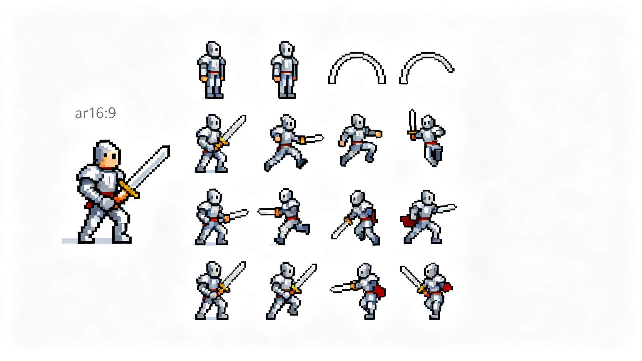 A pixel art spritesheet for a video game character, a knight, showing various animation frames for running, jumping, and attacking on a clean white background.