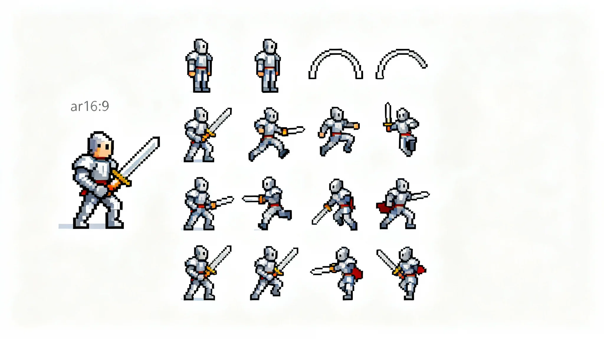 A pixel art spritesheet for a video game character, a knight, showing various animation frames for running, jumping, and attacking on a clean white background.
