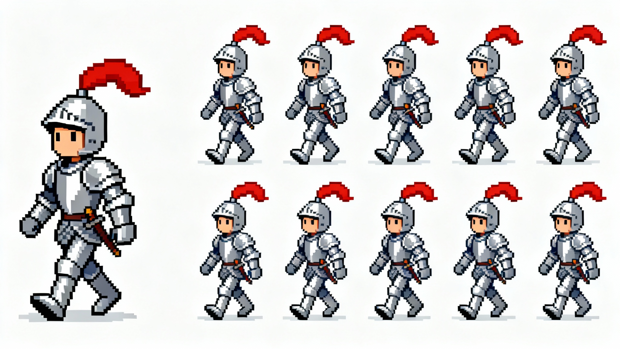 A spritesheet of a pixel art knight character, showing a walking animation sequence arranged in a grid on a white background.