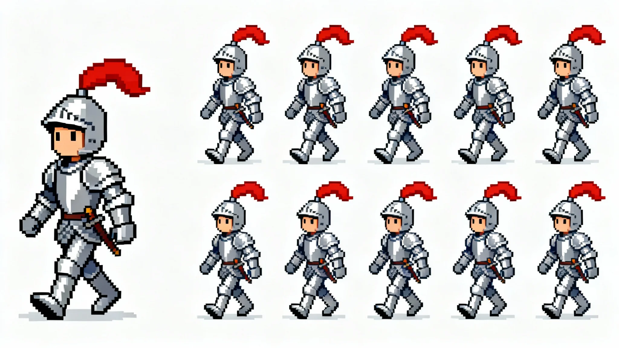 A spritesheet of a pixel art knight character, showing a walking animation sequence arranged in a grid on a white background.