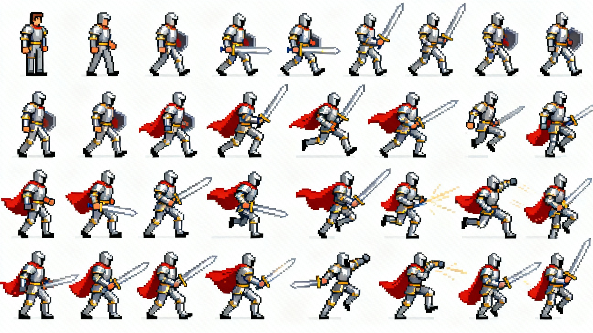 A 2D pixel art spritesheet of a knight character for a video game, showing various animation poses like walking, jumping, and attacking, laid out in a grid on a white background.