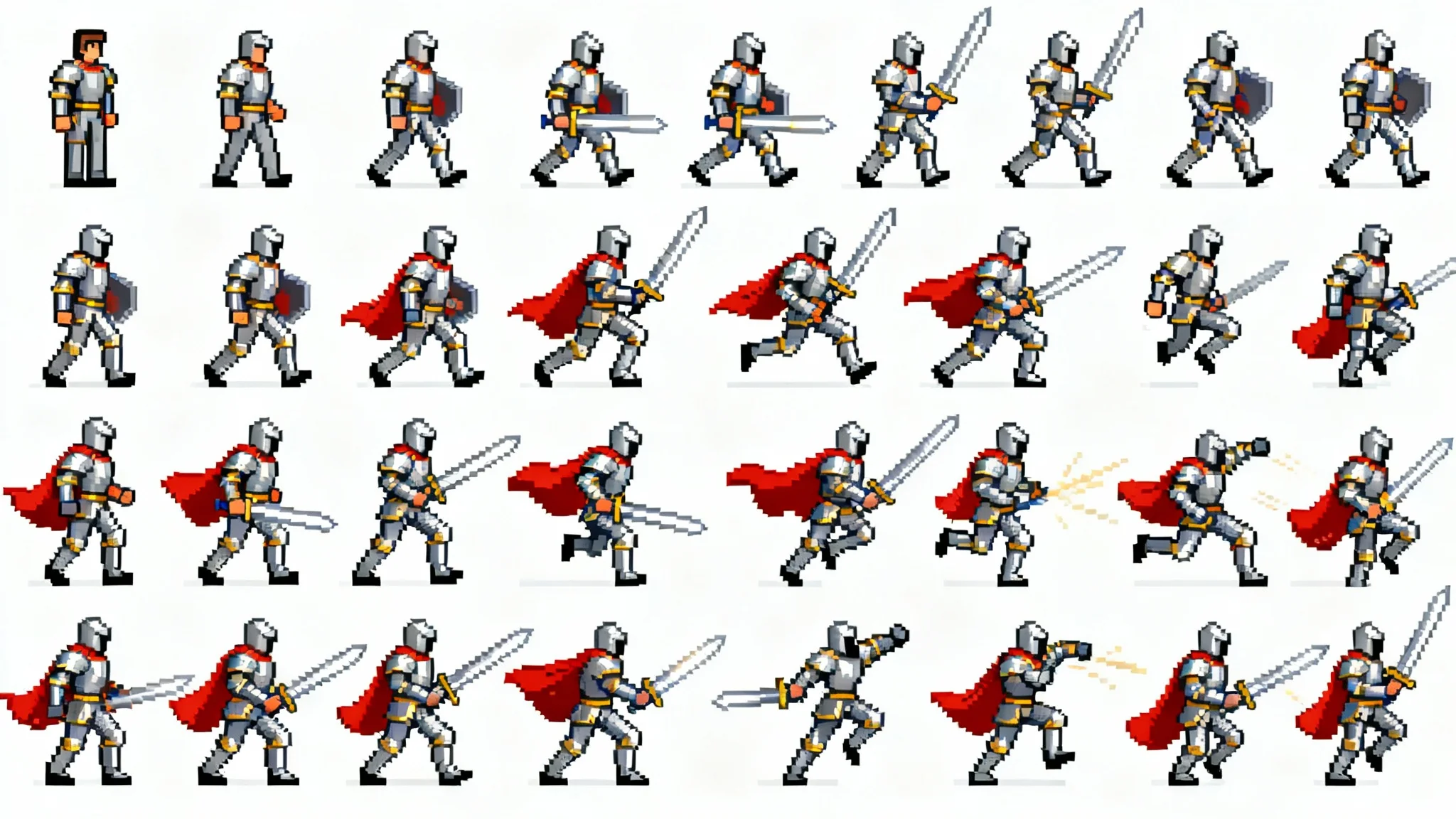 A 2D pixel art spritesheet of a knight character for a video game, showing various animation poses like walking, jumping, and attacking, laid out in a grid on a white background.
