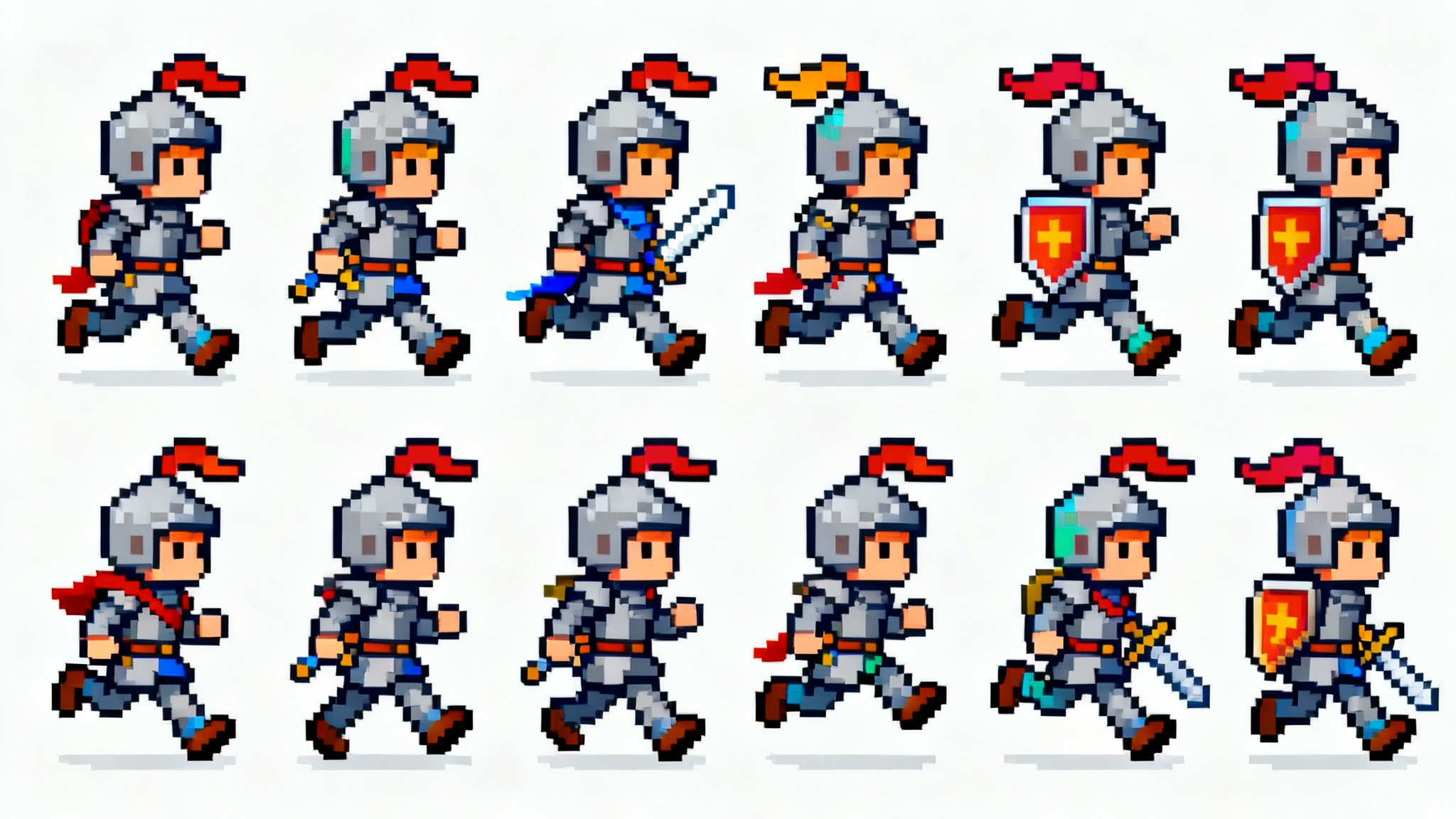 A pixel art spritesheet on a white background, showing an 8-frame running animation of a small knight character arranged in a grid.