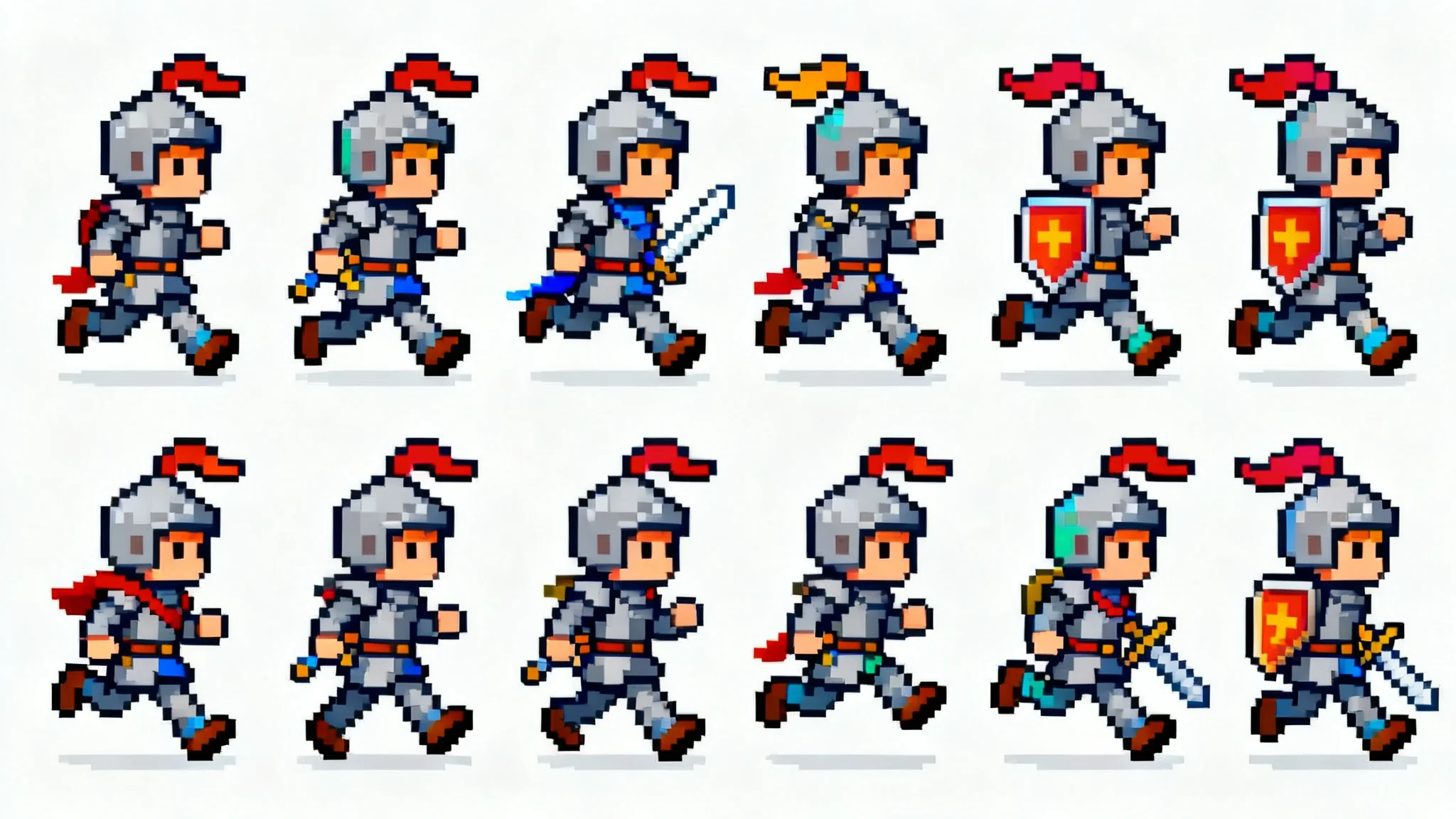 A pixel art spritesheet on a white background, showing an 8-frame running animation of a small knight character arranged in a grid.
