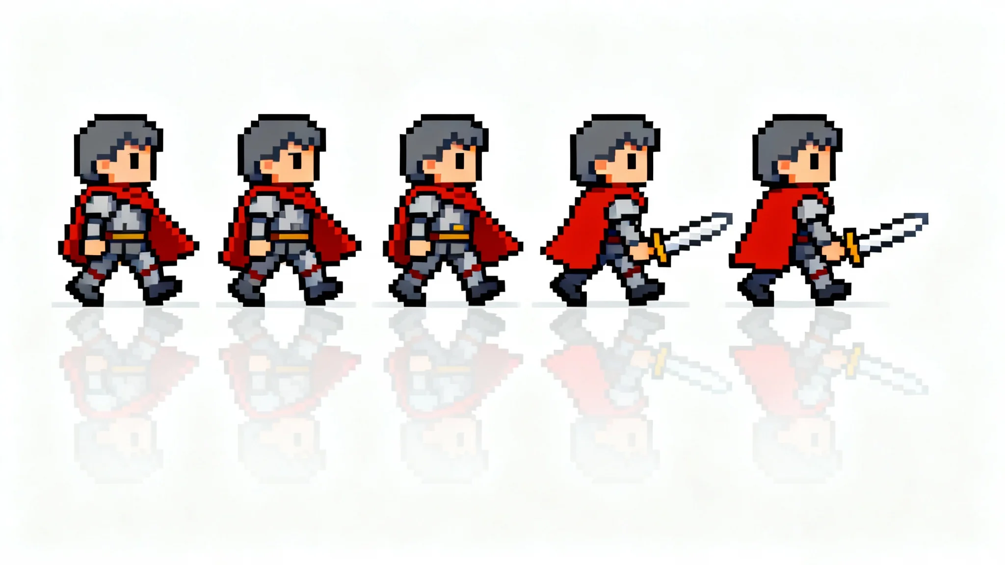 A 16-bit pixel art spritesheet showcasing a 6-frame walk cycle animation for a small warrior character in a red cloak, set against a clean white background.