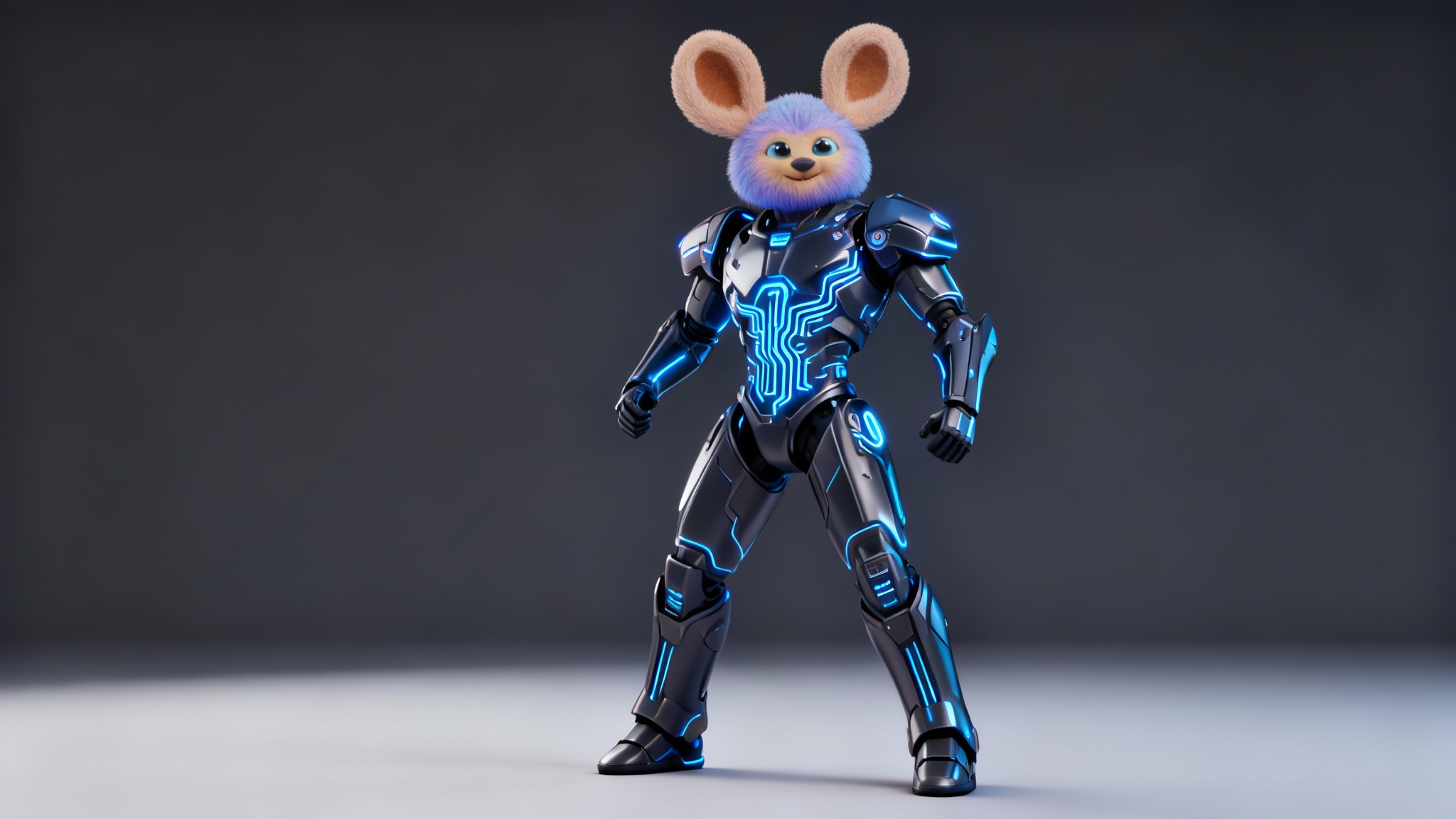 A full-body digital illustration of a single hybrid character created from a mashup, featuring robotic parts with glowing circuits, large whimsical ears, and a heroic suit, posed against a clean studio background.