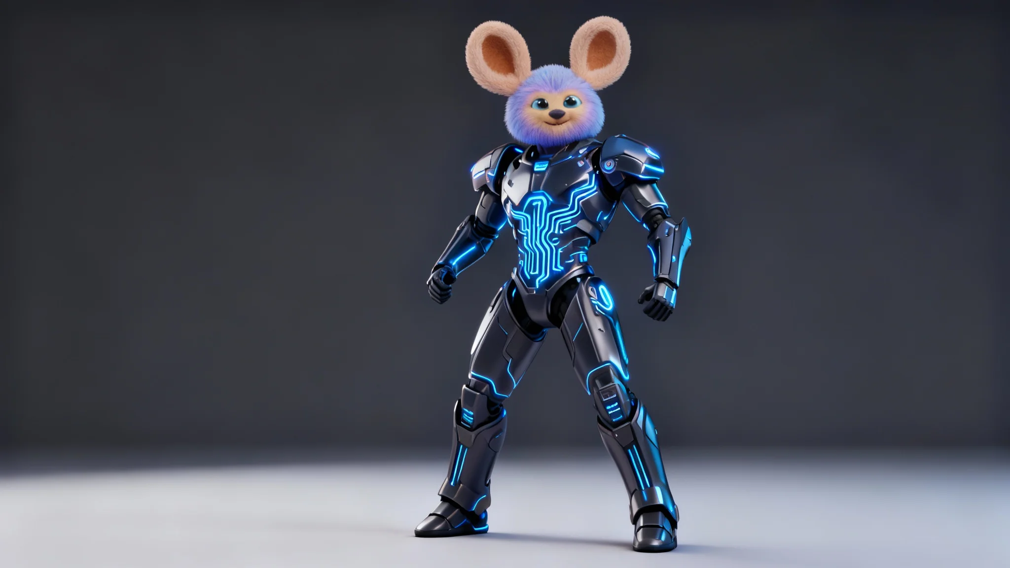 A full-body digital illustration of a single hybrid character created from a mashup, featuring robotic parts with glowing circuits, large whimsical ears, and a heroic suit, posed against a clean studio background.
