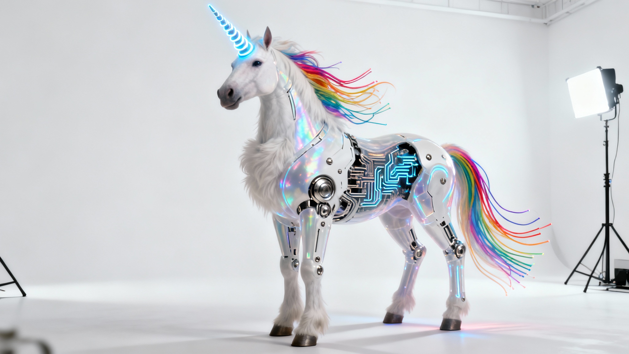 A photorealistic mockup of a character mashup, showing a majestic white unicorn that is also a cyborg, with glowing parts and fiber optic mane, standing against a plain white background.
