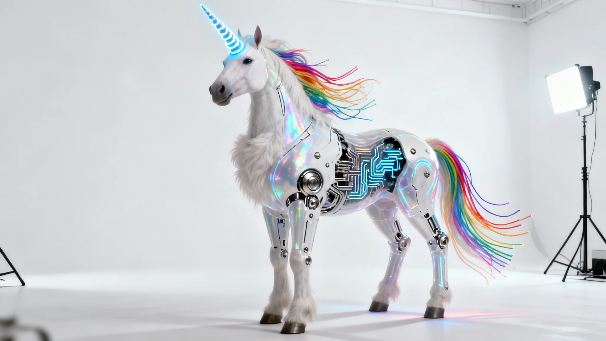 A photorealistic mockup of a character mashup, showing a majestic white unicorn that is also a cyborg, with glowing parts and fiber optic mane, standing against a plain white background.