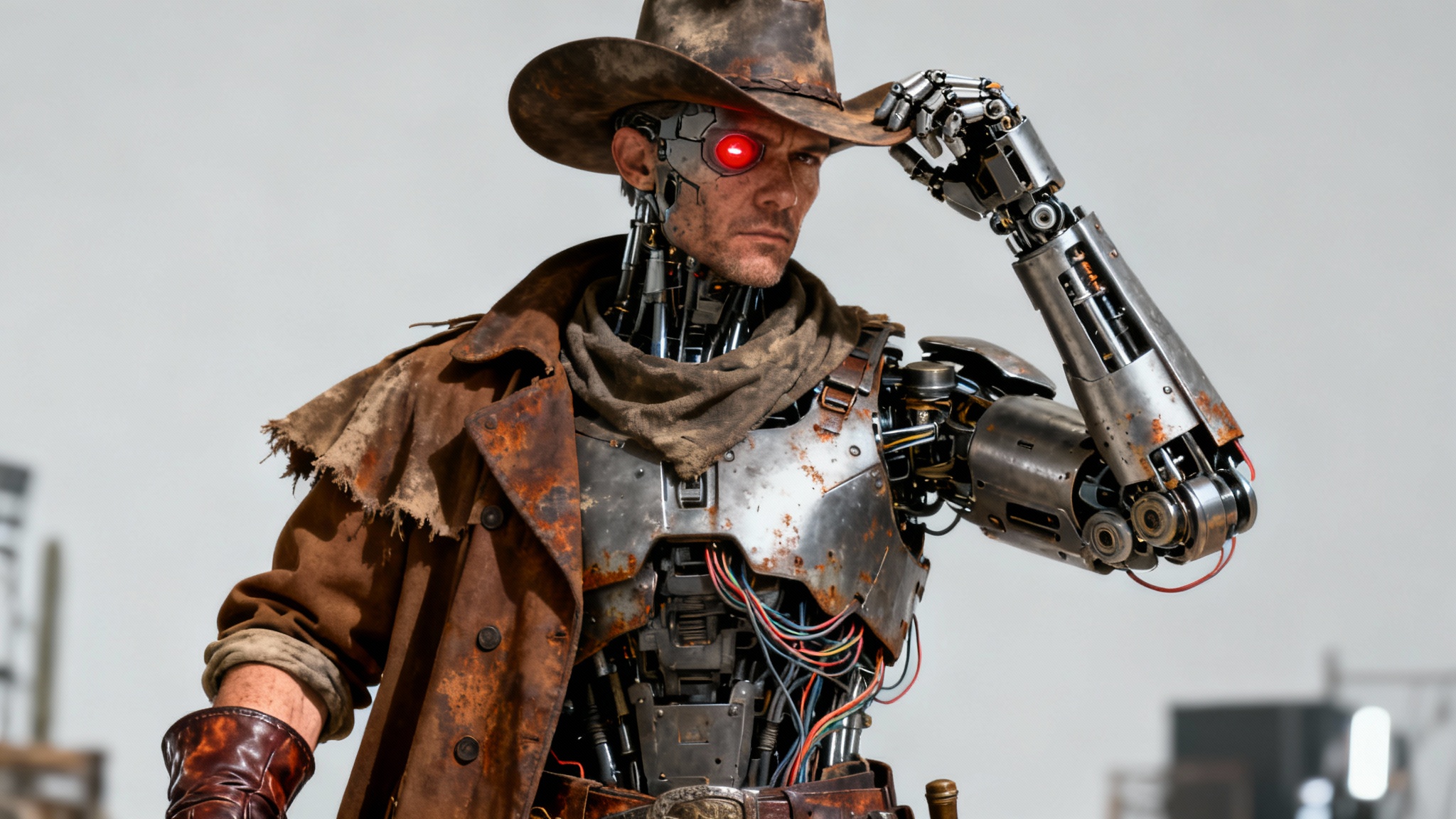 A photorealistic full-body image of a character mashup between a cowboy and a cyborg. The character wears a cowboy hat and duster coat but has a robotic arm and a glowing cybernetic eye, standing against a plain light grey background.