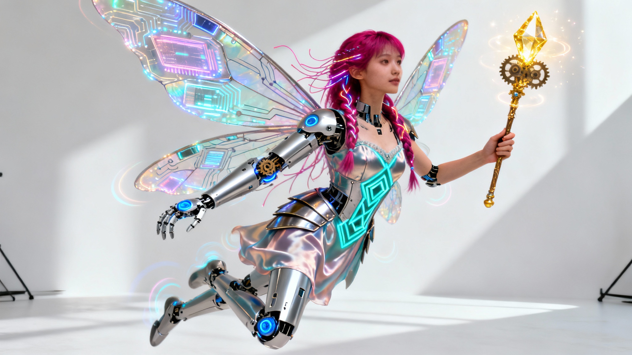 A photorealistic character concept of a cyborg fairy, featuring a blend of organic and robotic elements, set against a plain white background.