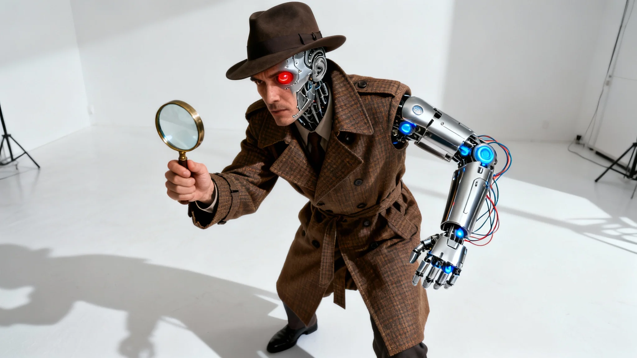 A photorealistic character mashup of a classic detective and a futuristic cyborg. The figure wears a trench coat and fedora, but has a cybernetic eye and a robotic arm, all against a clean white background.