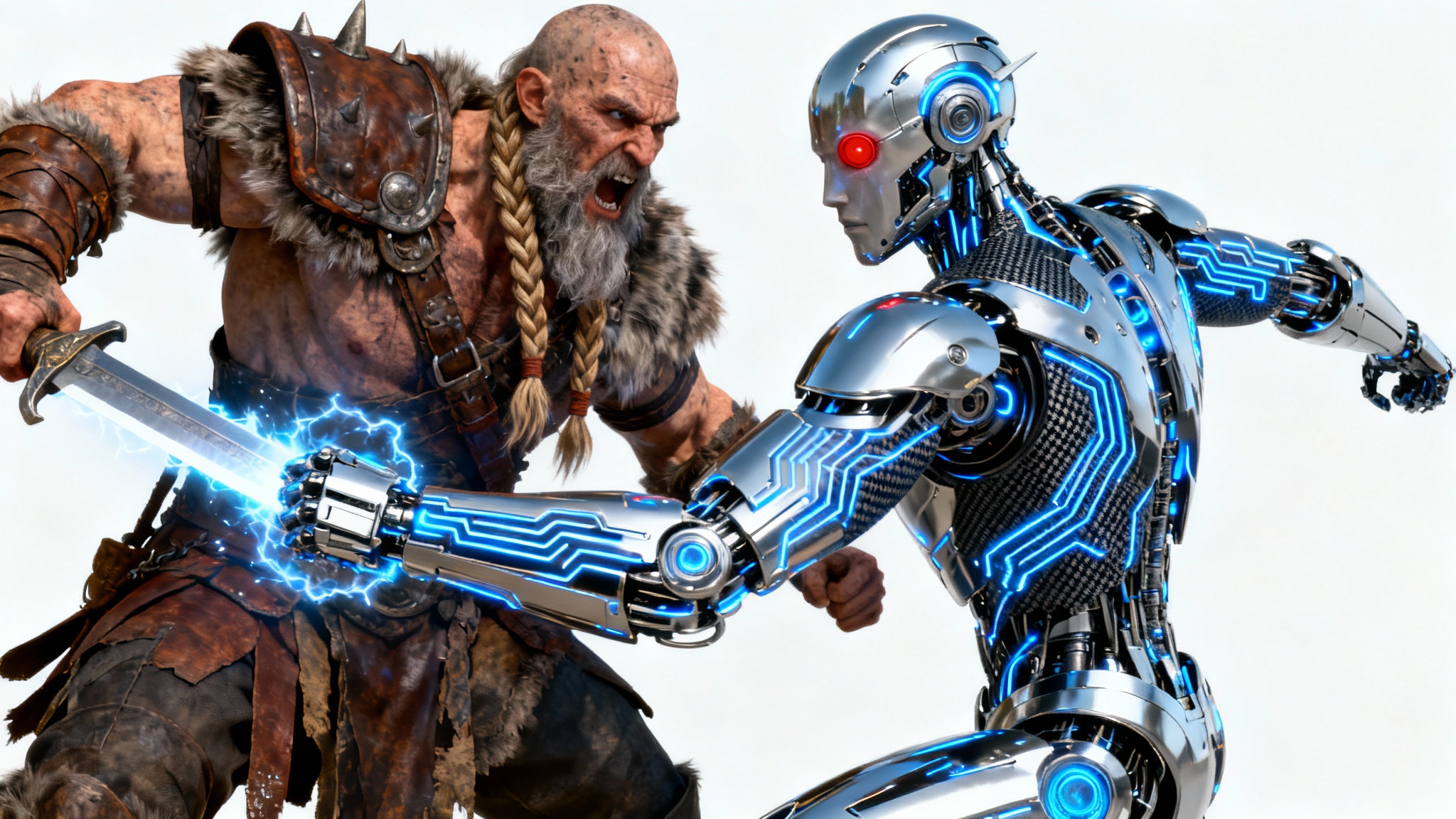 A hyperrealistic digital render of a character mashup, featuring a barbarian warrior fused with a cyborg. The character's left side is a classic barbarian, and the right side is a futuristic robot with a glowing eye, all set against a clean white background.