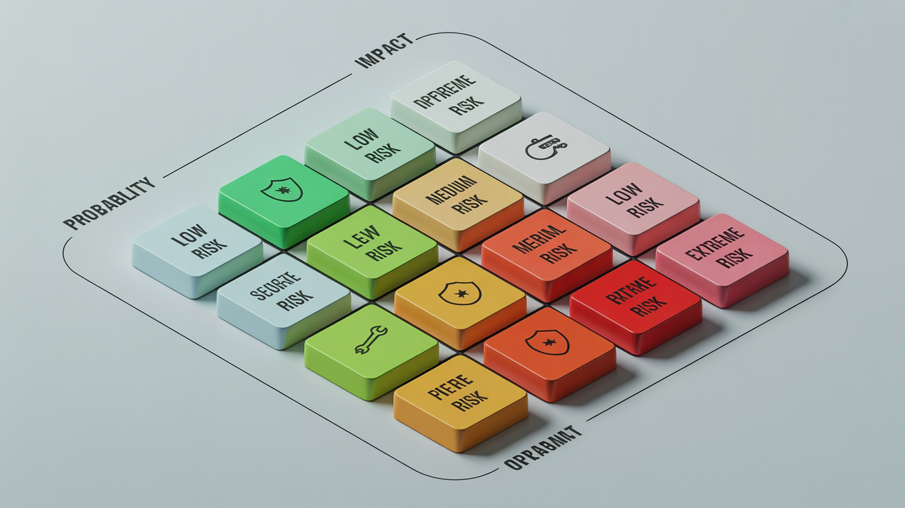 A modern, professionally designed isometric risk matrix infographic. The 5x5 grid shows risk levels from low (green) to high (red) based on 'Probability' and 'Impact' axes.