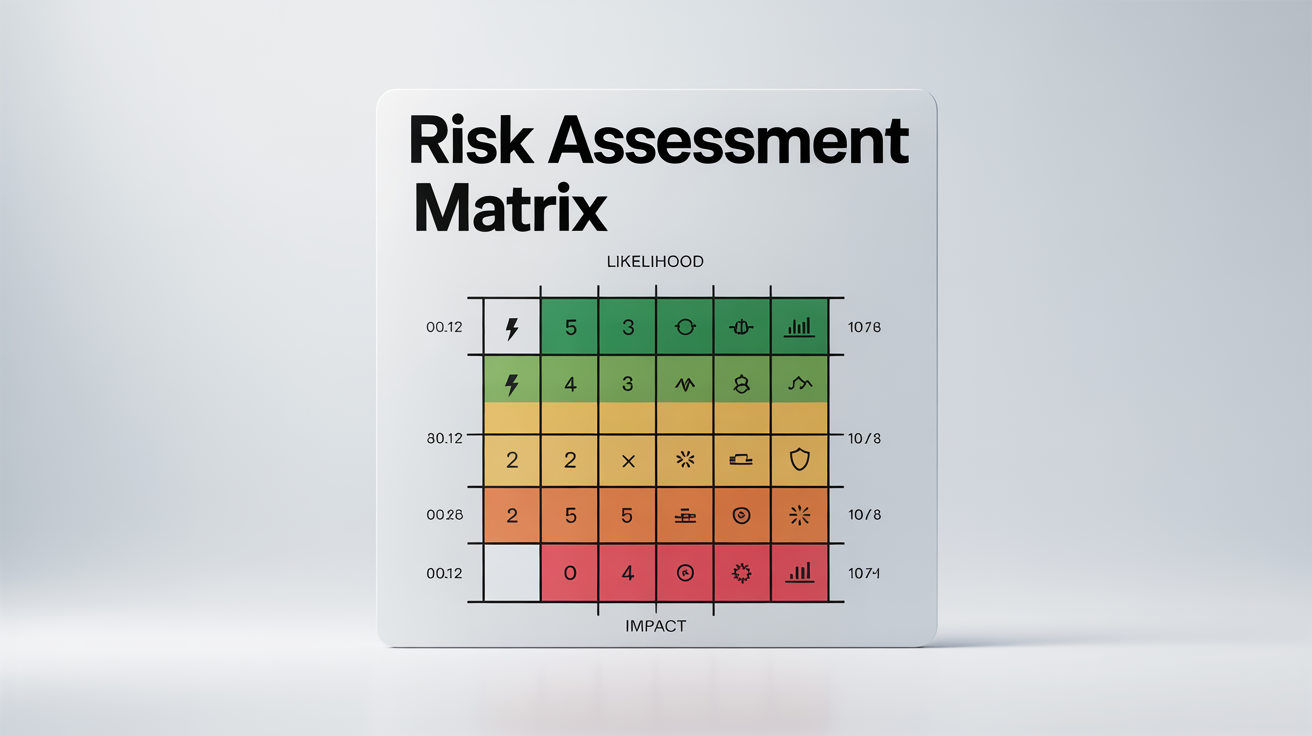 A clear and modern infographic of a risk assessment matrix, showing a grid with 'Likelihood' and 'Impact' axes, and cells colored from green (low risk) to red (high risk).