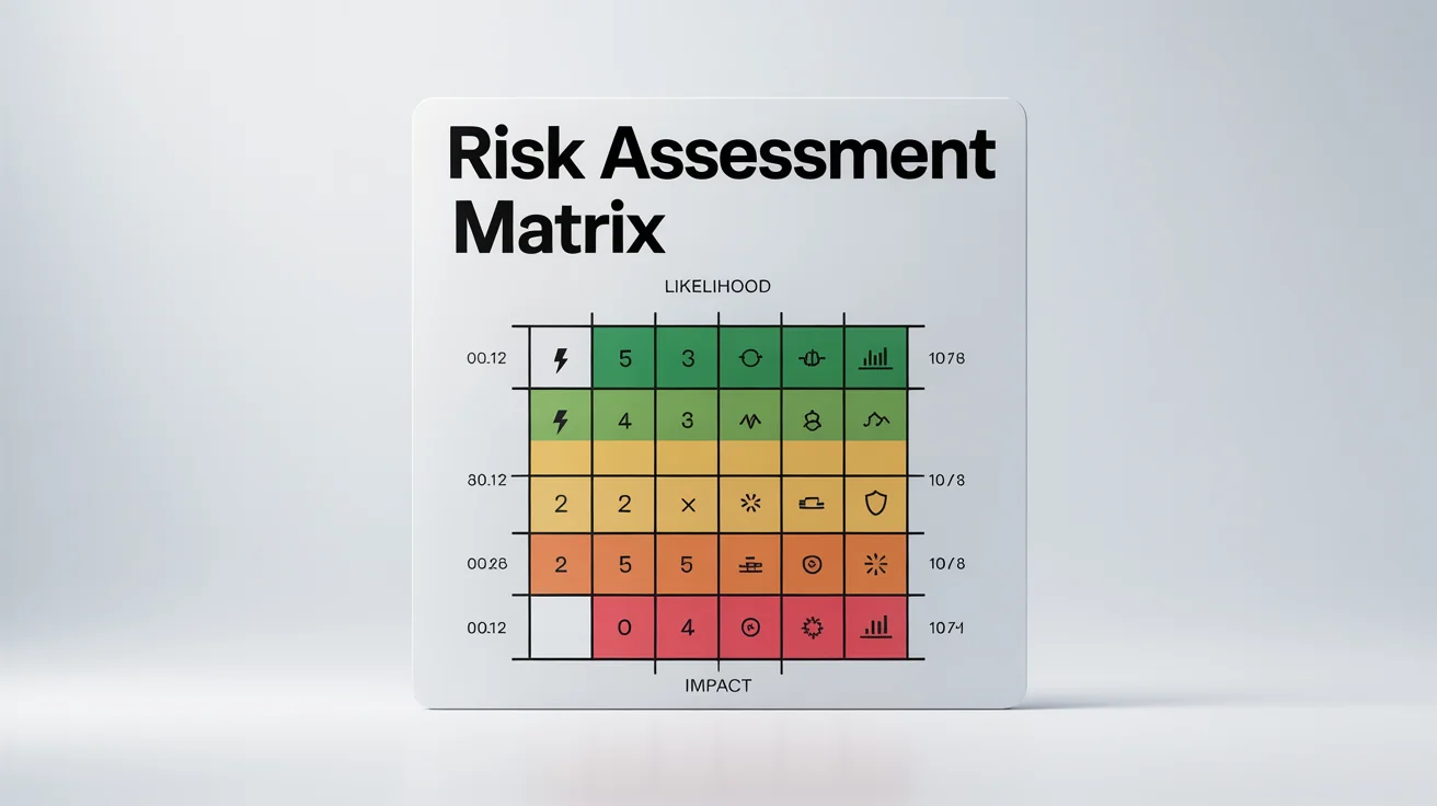 A clear and modern infographic of a risk assessment matrix, showing a grid with 'Likelihood' and 'Impact' axes, and cells colored from green (low risk) to red (high risk).