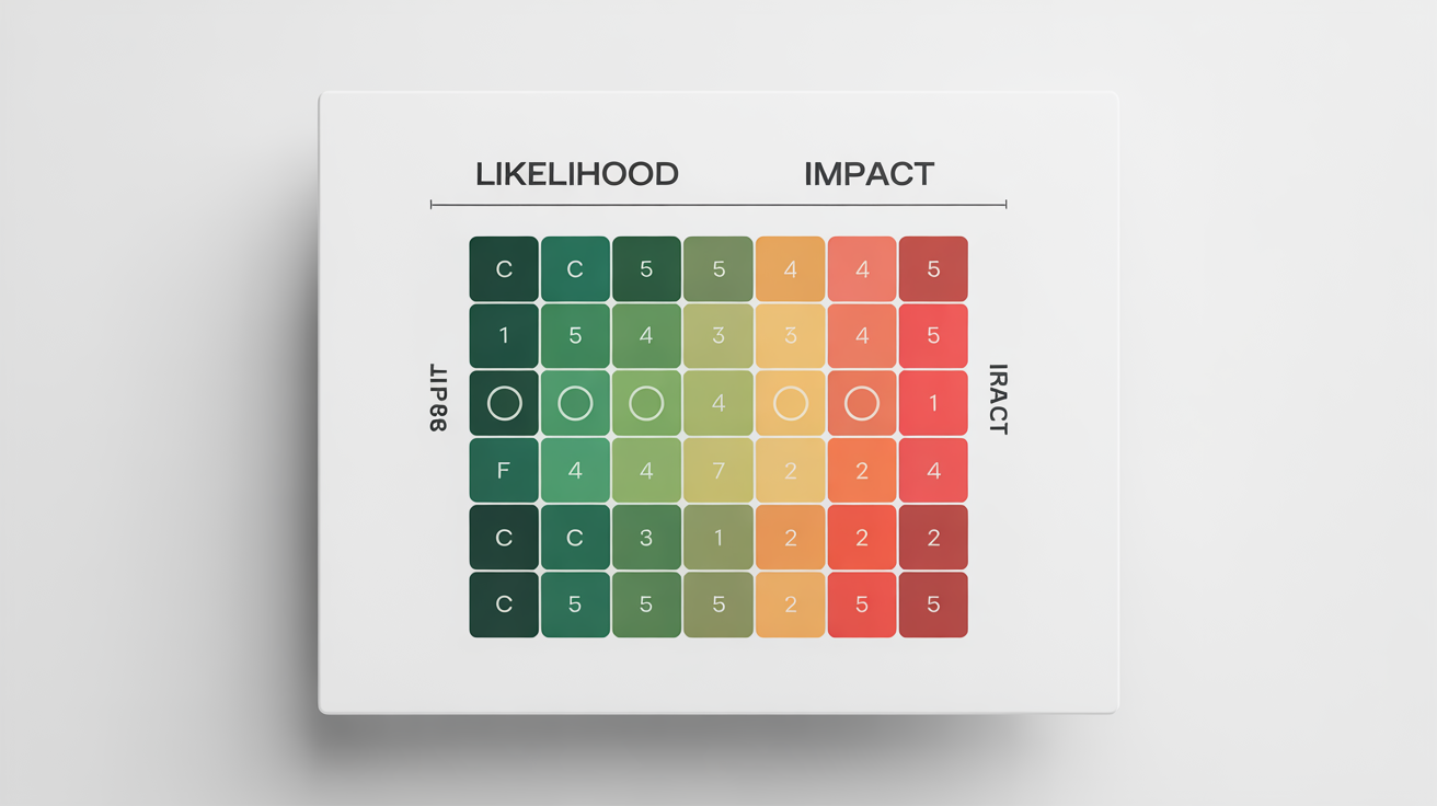 A modern risk matrix infographic on a white background, showing a 5x5 grid that plots 'Likelihood' against 'Impact'. The cells are color-coded from green for low risk to red for high risk, illustrating a risk assessment tool.