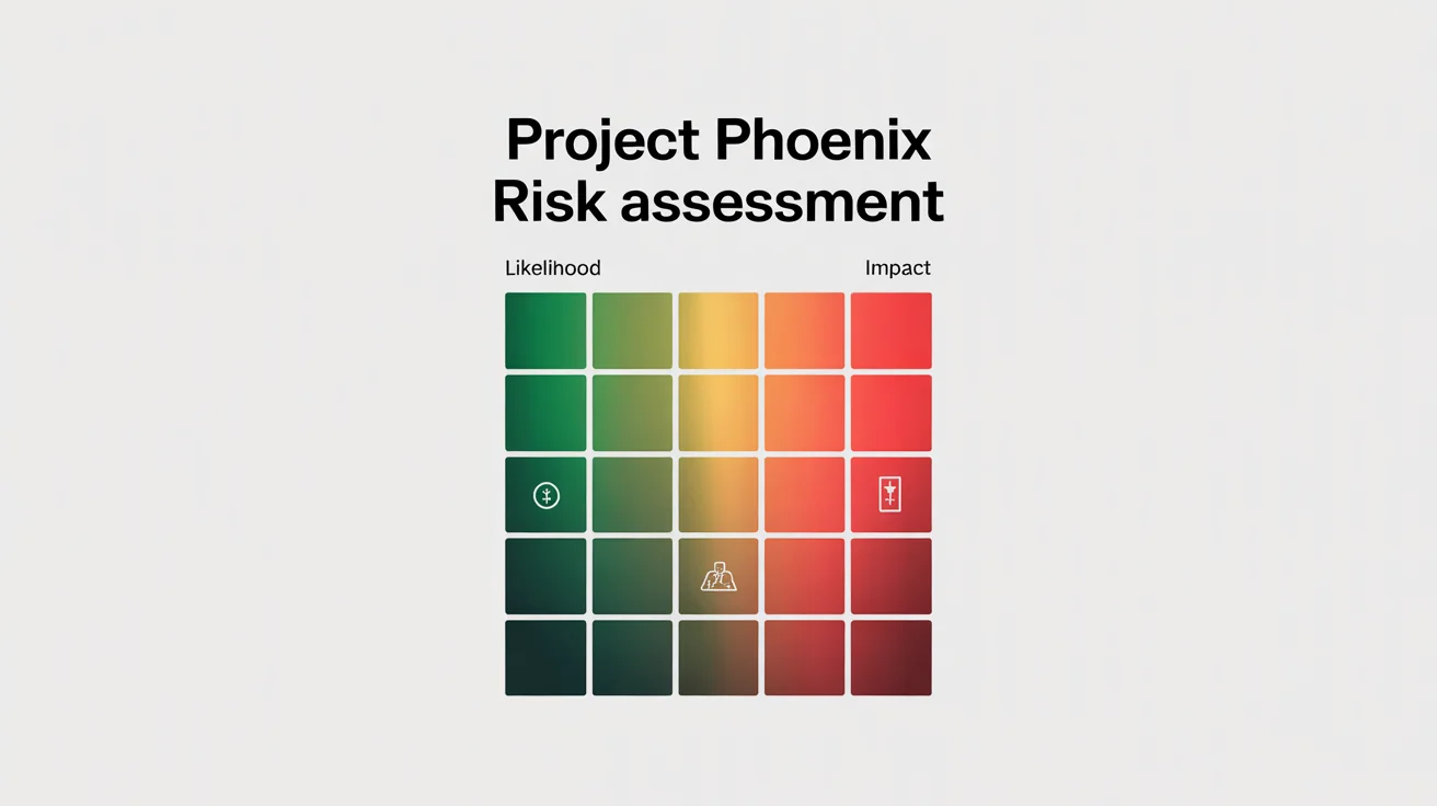 A professionally designed risk matrix infographic titled "Project Phoenix Risk Assessment". The matrix is a color-coded grid showing risk levels from low (green) to high (red) based on "Likelihood" and "Impact".