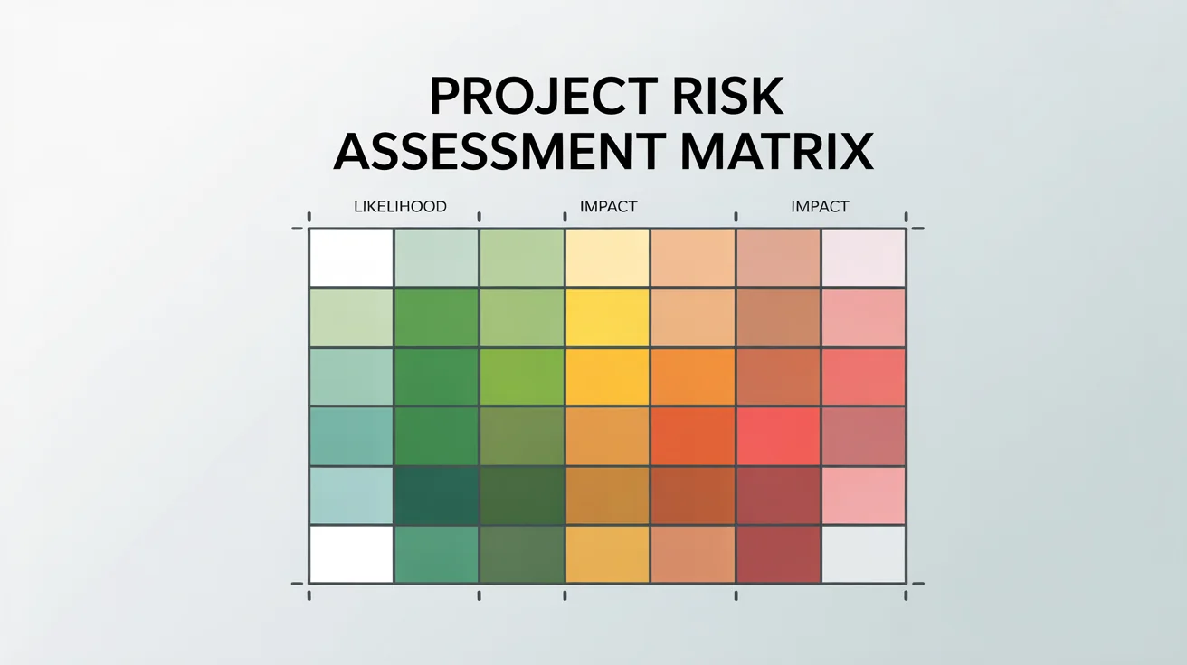 A professionally designed risk matrix infographic with a 5x5 grid, showing risk levels from low (green) to high (red) based on 'Likelihood' and 'Impact' axes.